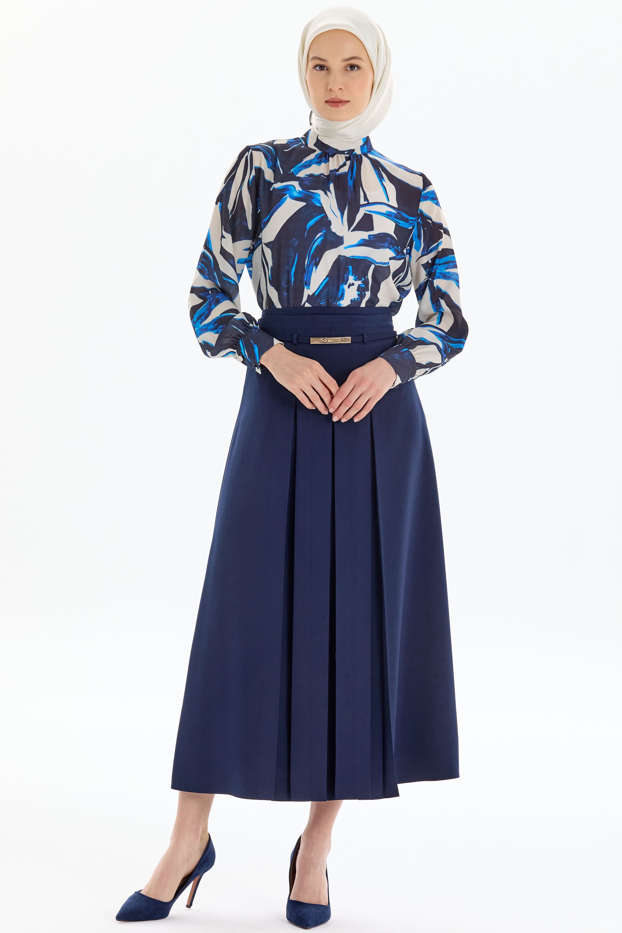 Pilikaşeli Kemer Detaylı Etek - Lacivert TUGBA