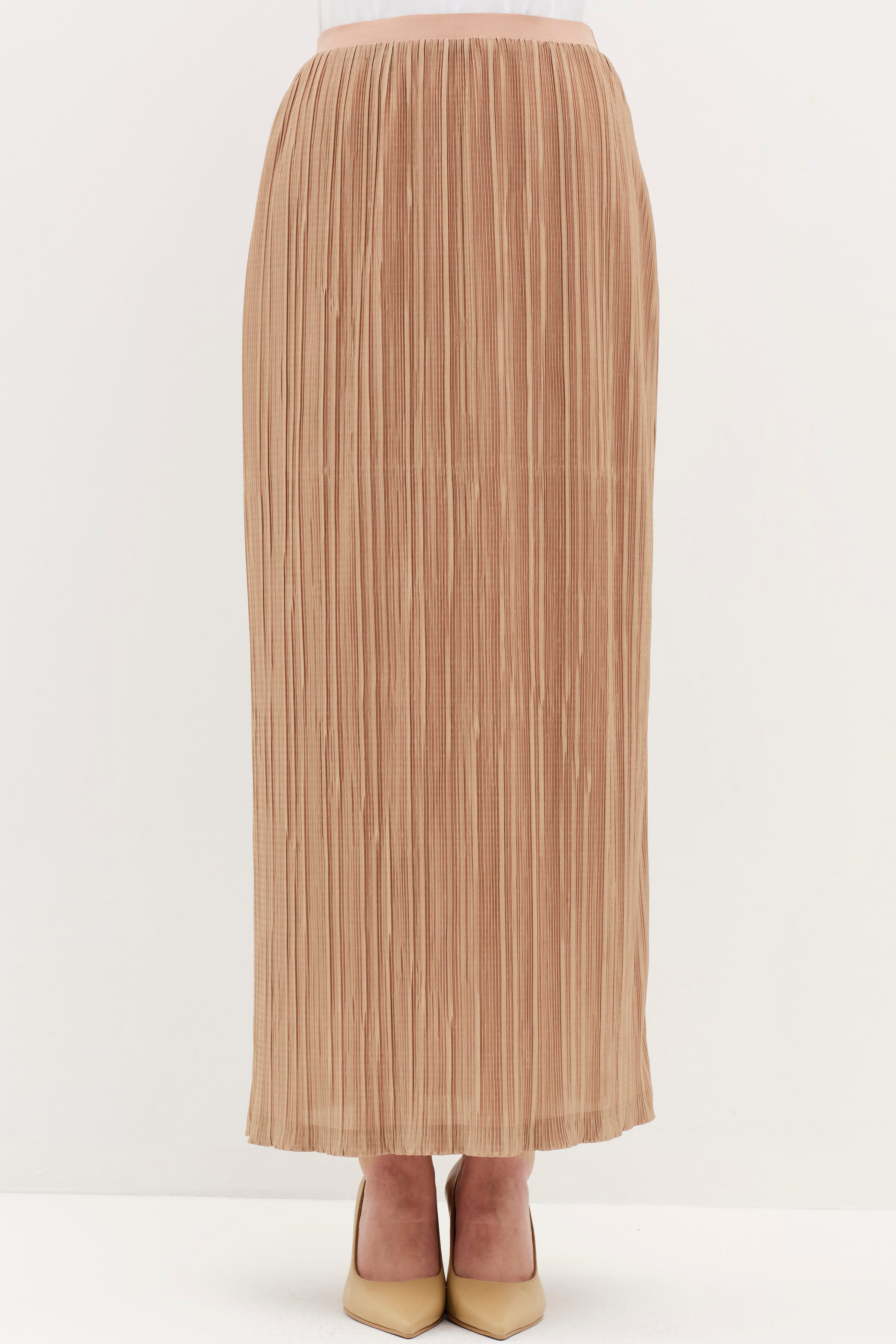 Piliseli Beli Lastikli Etek - Camel TUĞBA