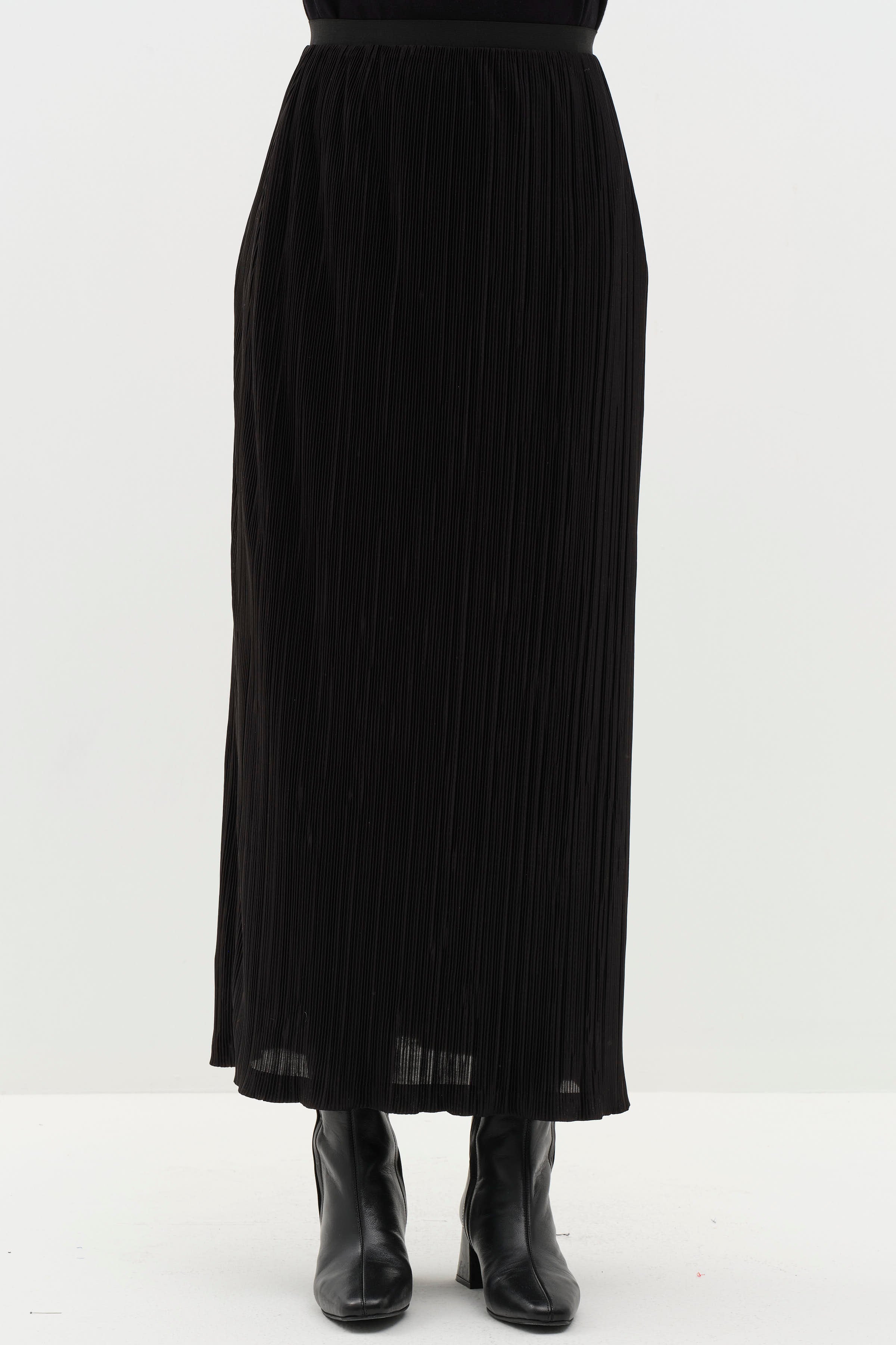 Piliseli Beli Lastikli Etek - Siyah TUGBA