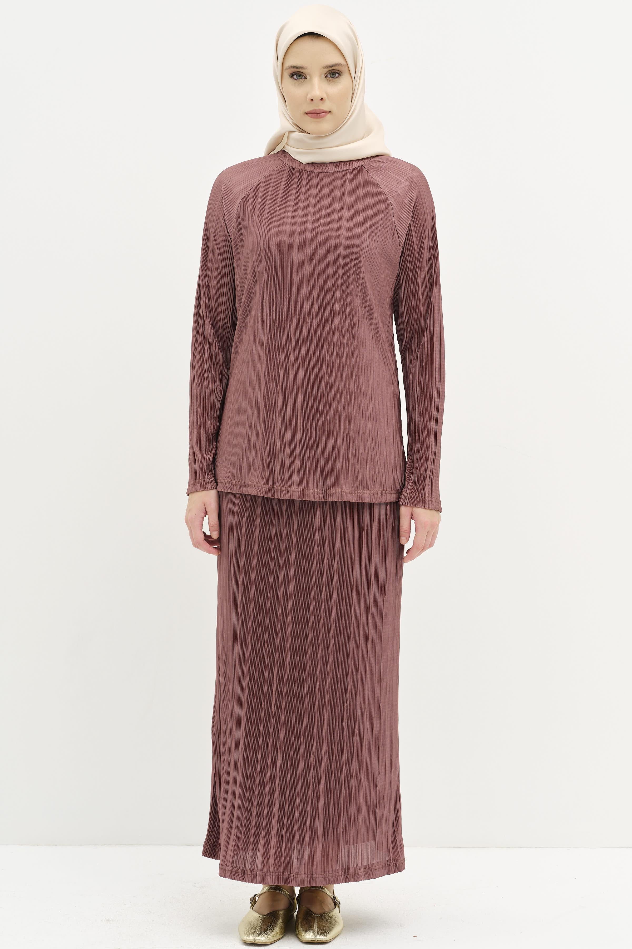 Piliseli Bluz Etek Takım - Kahve TUGBA