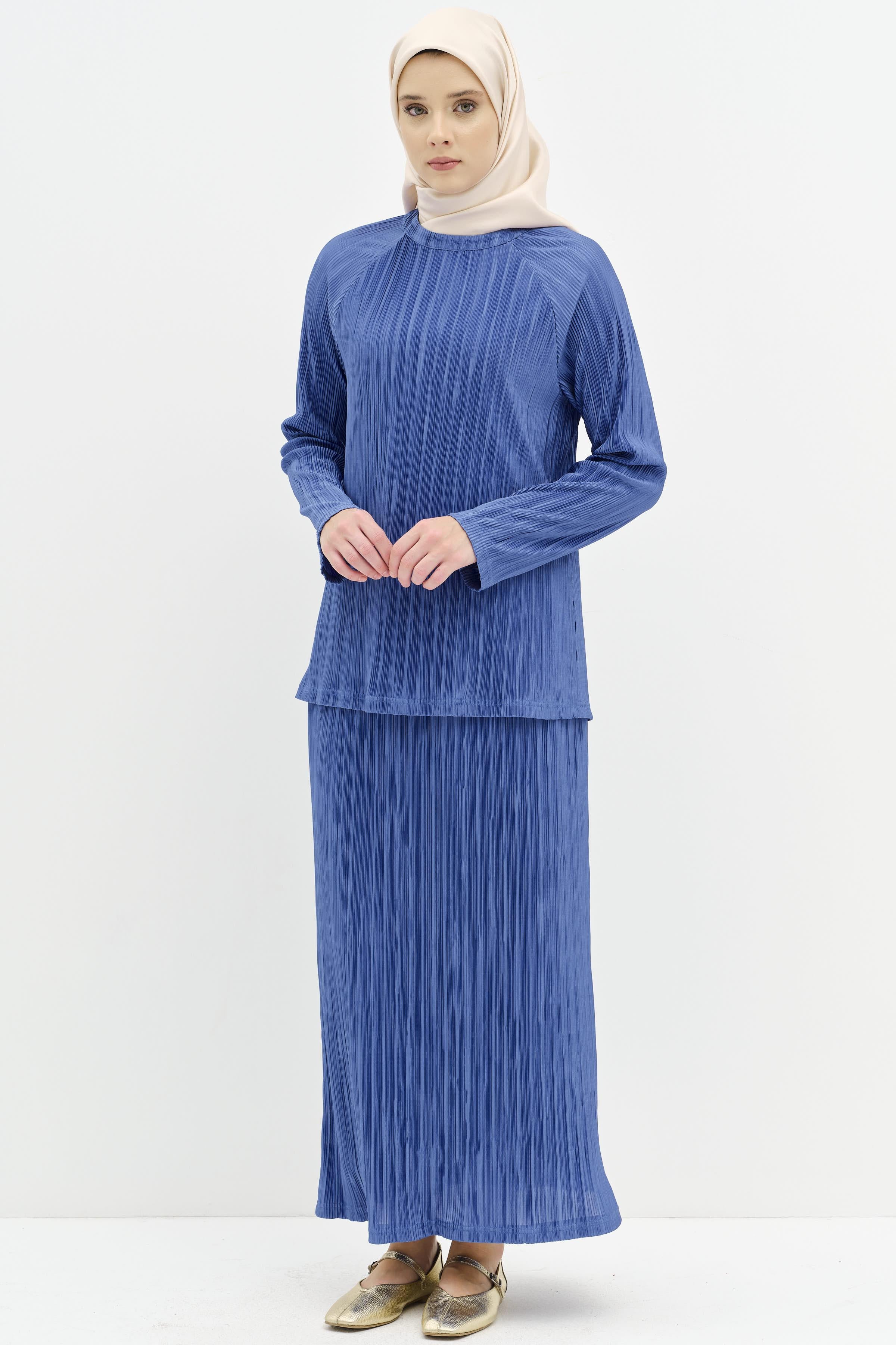 Piliseli Bluz Etek Takım - Mavi TUGBA