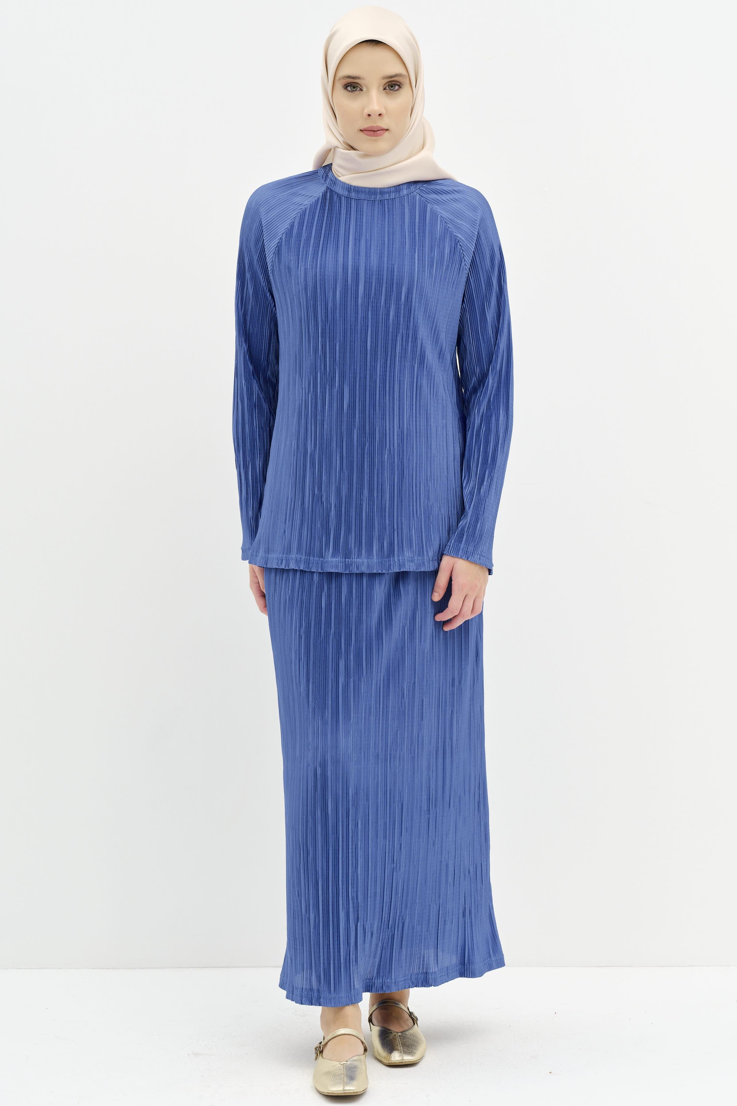 Piliseli Bluz Etek Takım - Mavi TUGBA