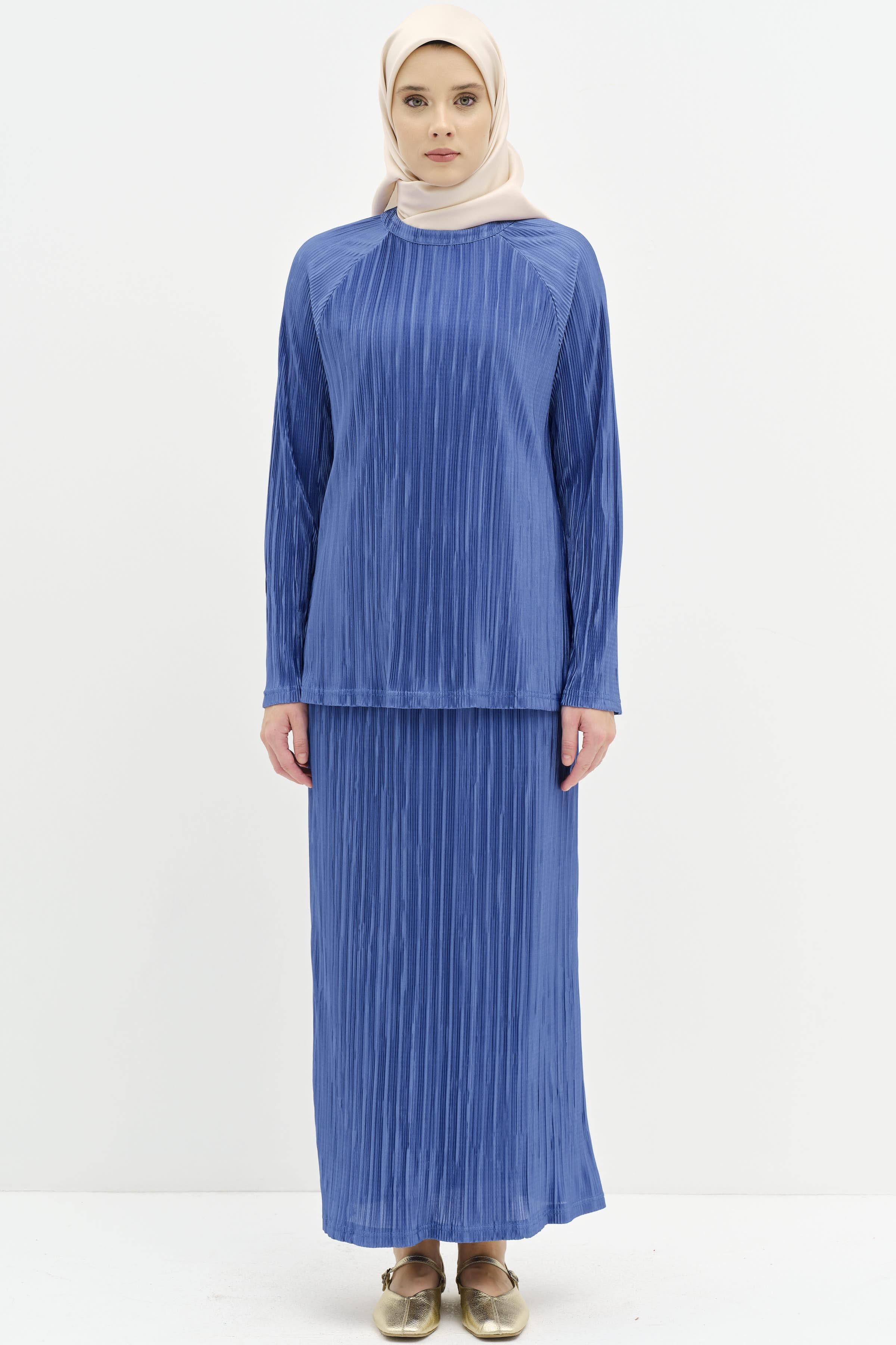 Piliseli Bluz Etek Takım - Mavi TUGBA