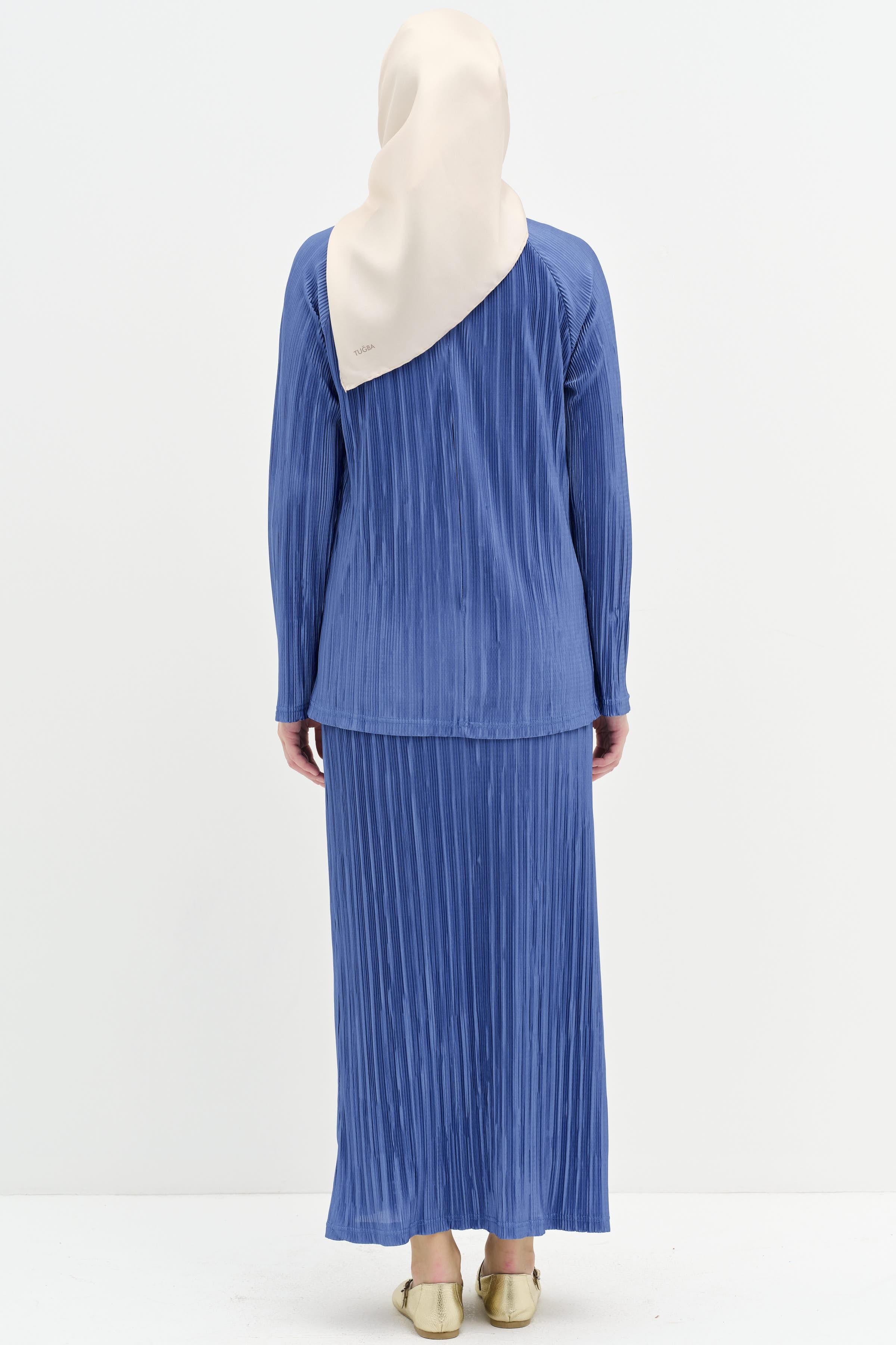 Piliseli Bluz Etek Takım - Mavi TUGBA