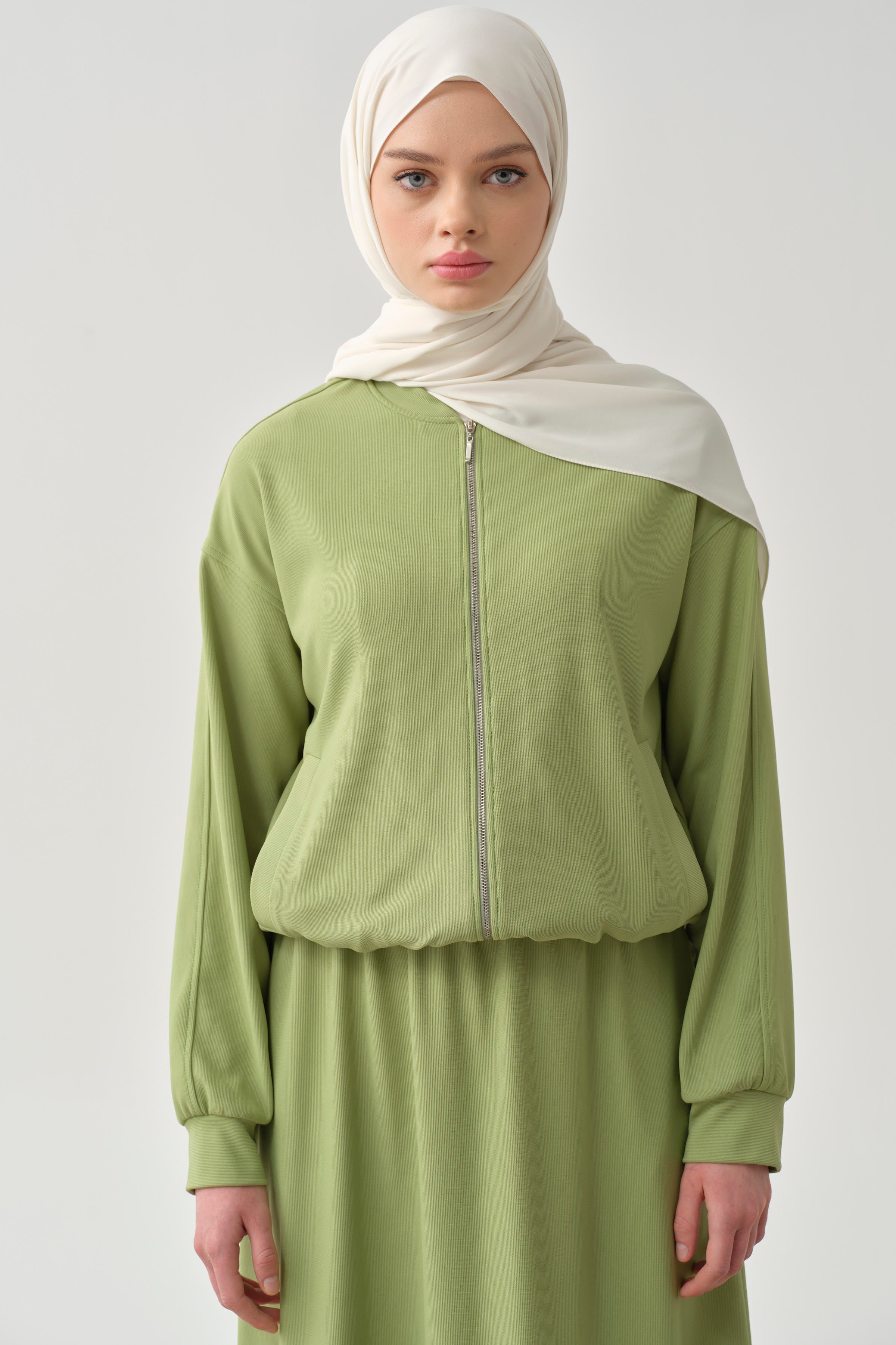 Pilot Yaka Lastikli Örme Ceket - Fıstık Yeşili TUGBA