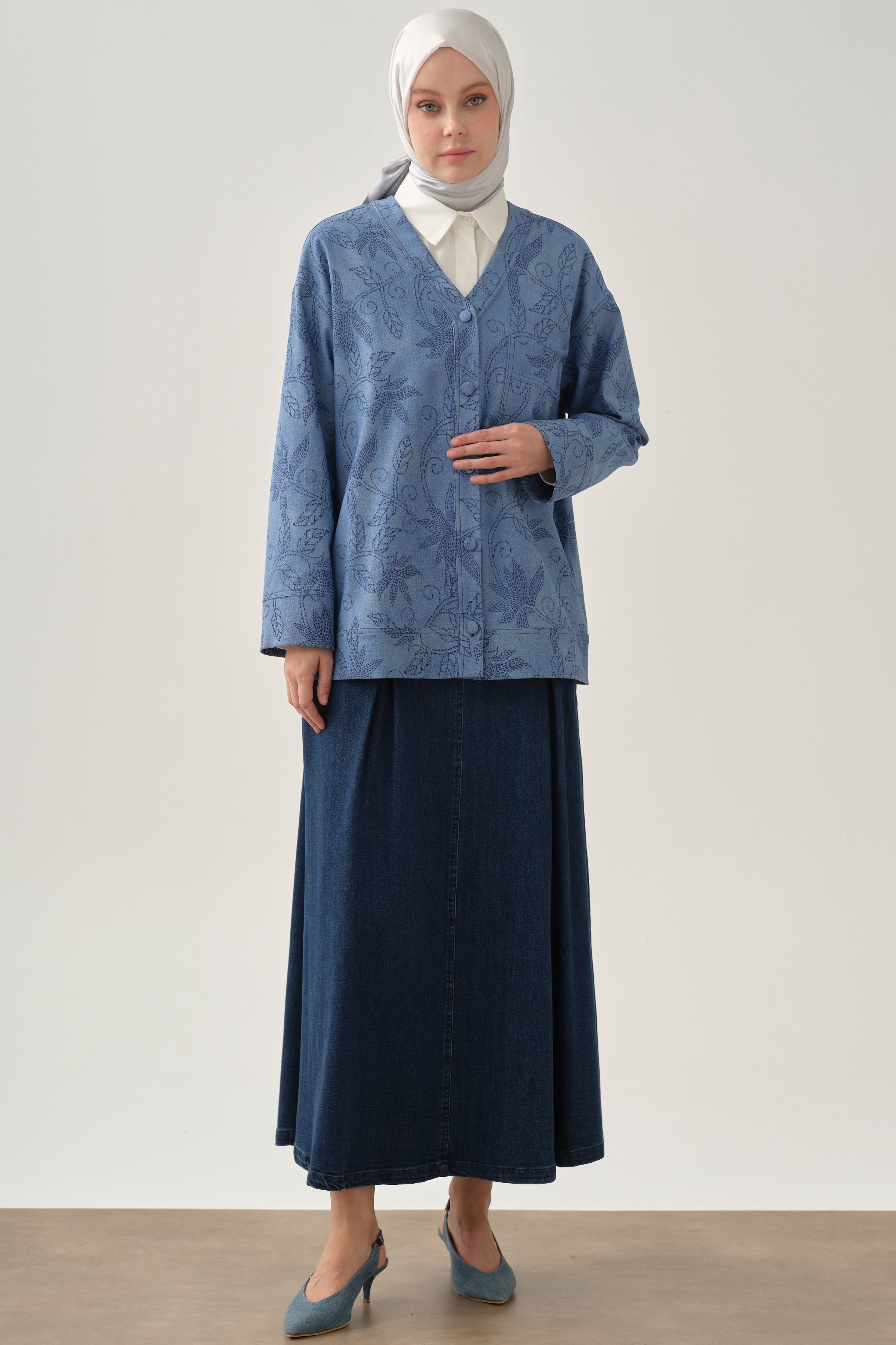 Plikaşeli Denim Etek - İndigo TUGBA