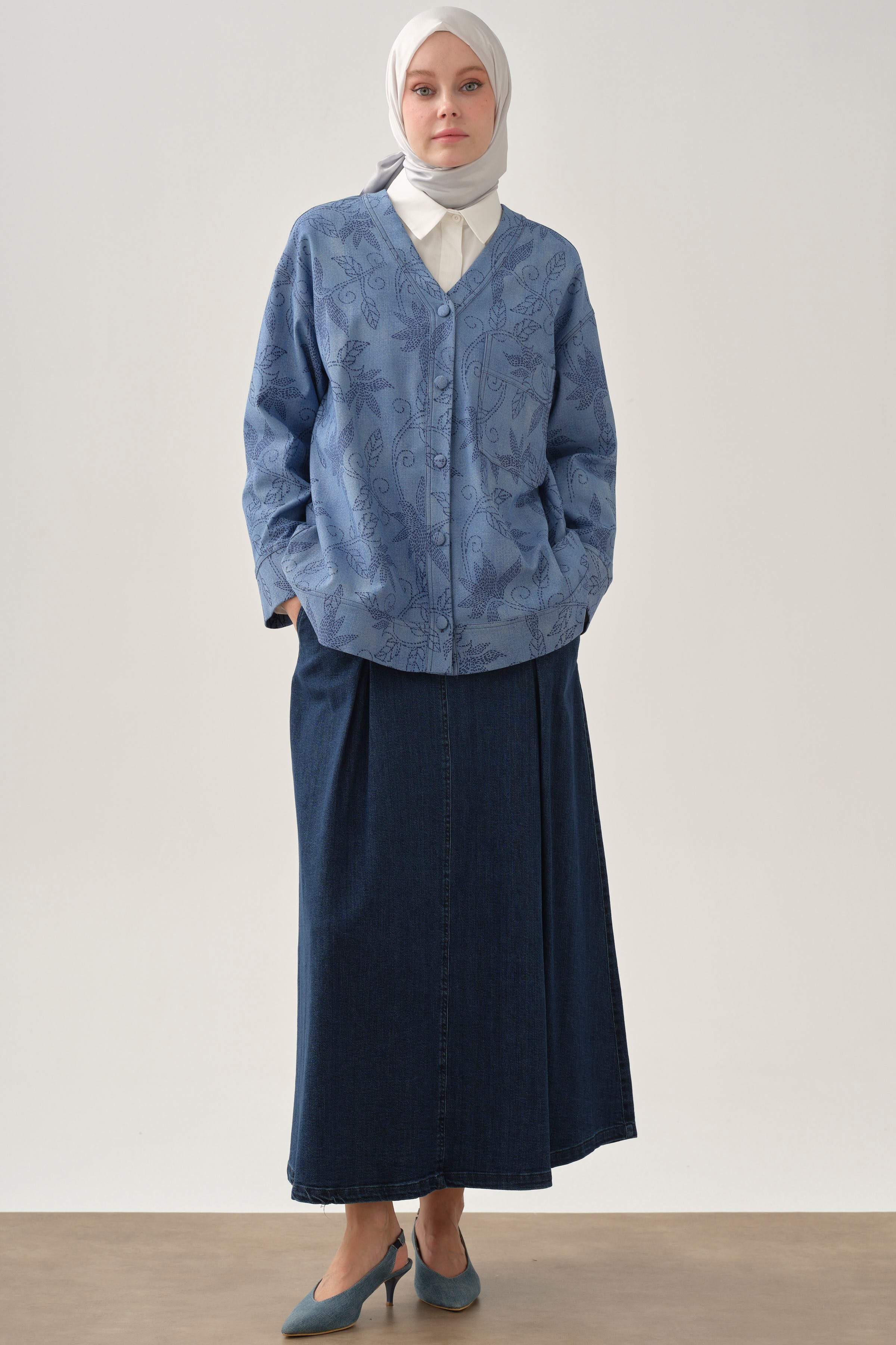 Plikaşeli Denim Etek - İndigo TUGBA