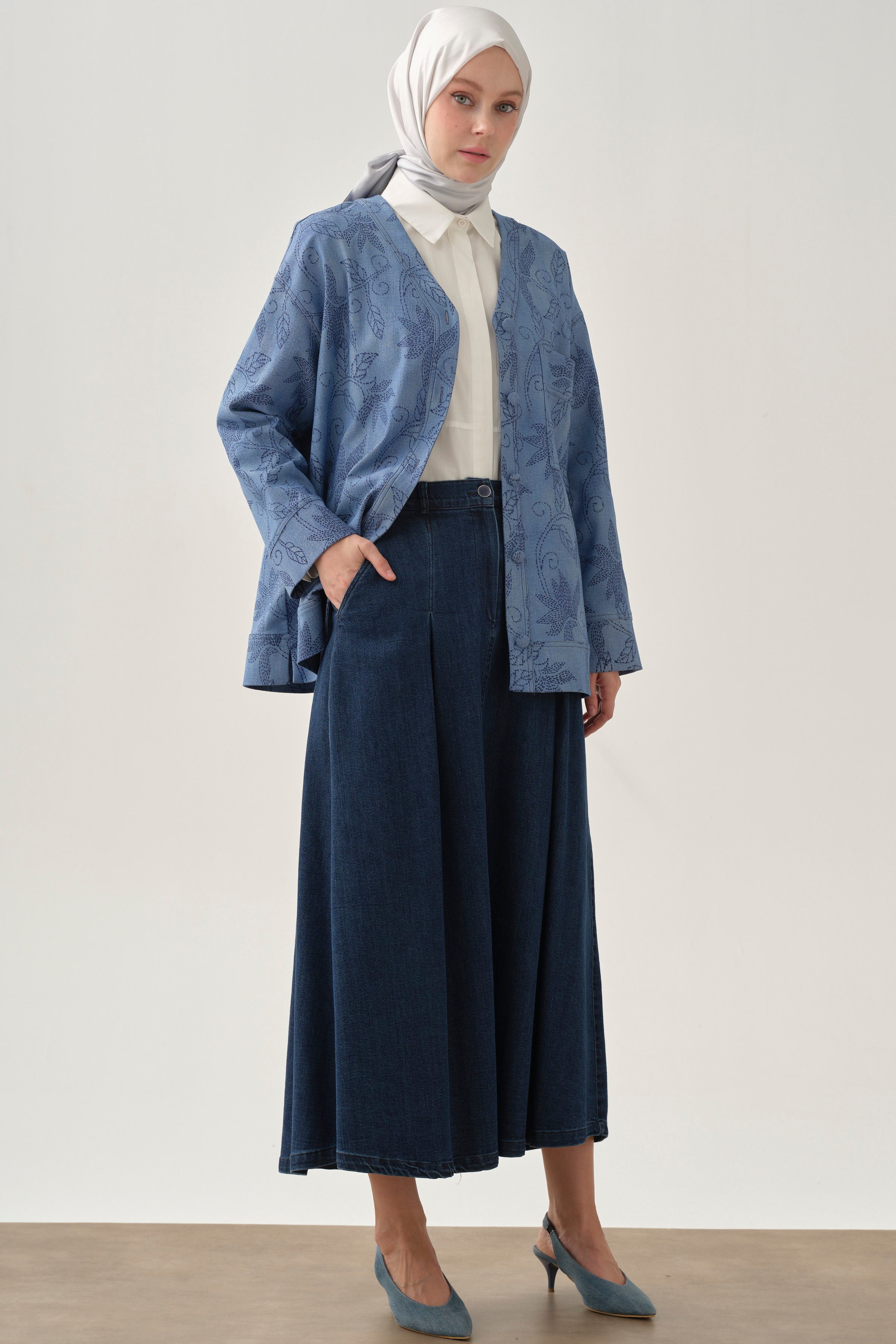 Plikaşeli Denim Etek - İndigo TUGBA