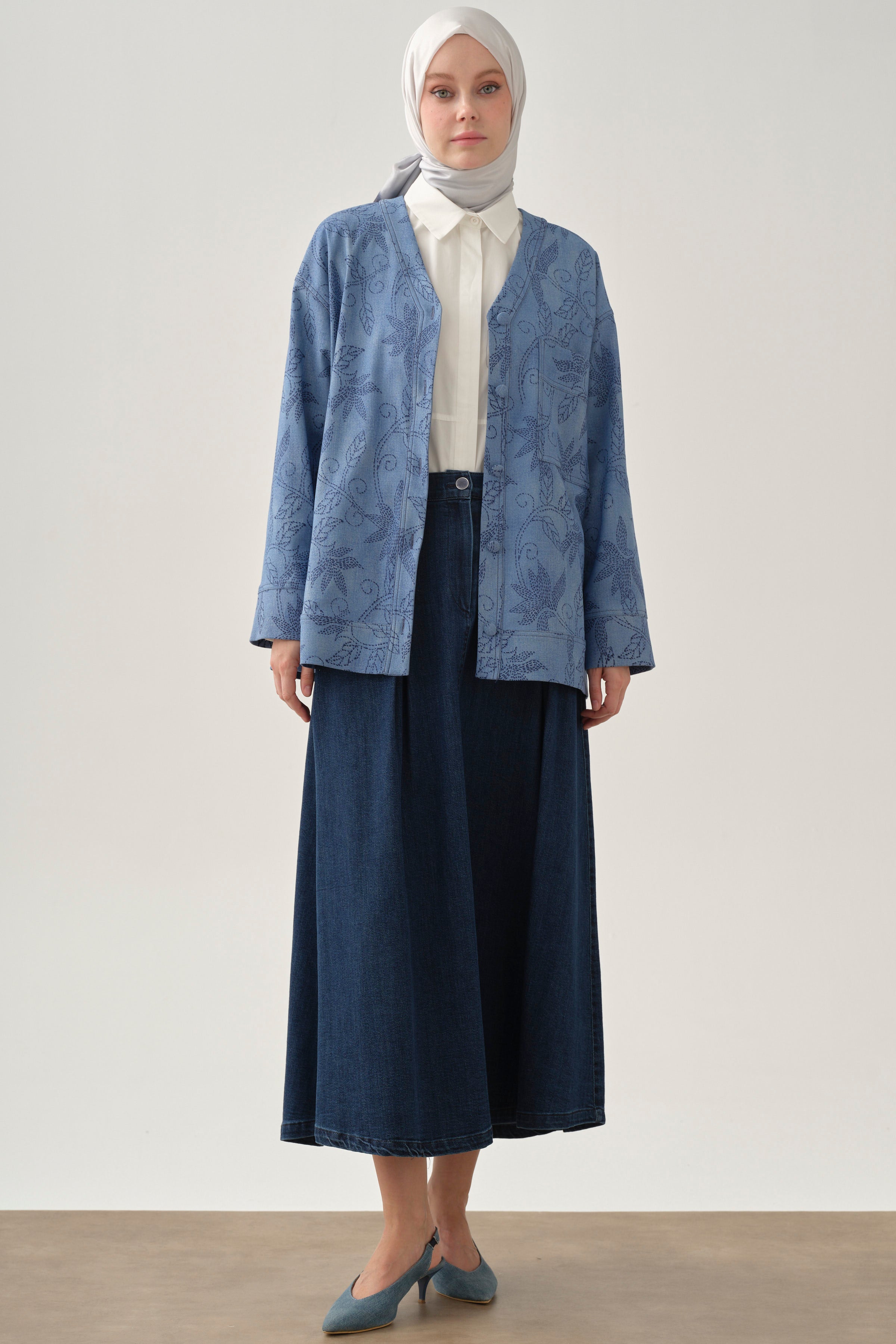 Plikaşeli Denim Etek - İndigo TUGBA