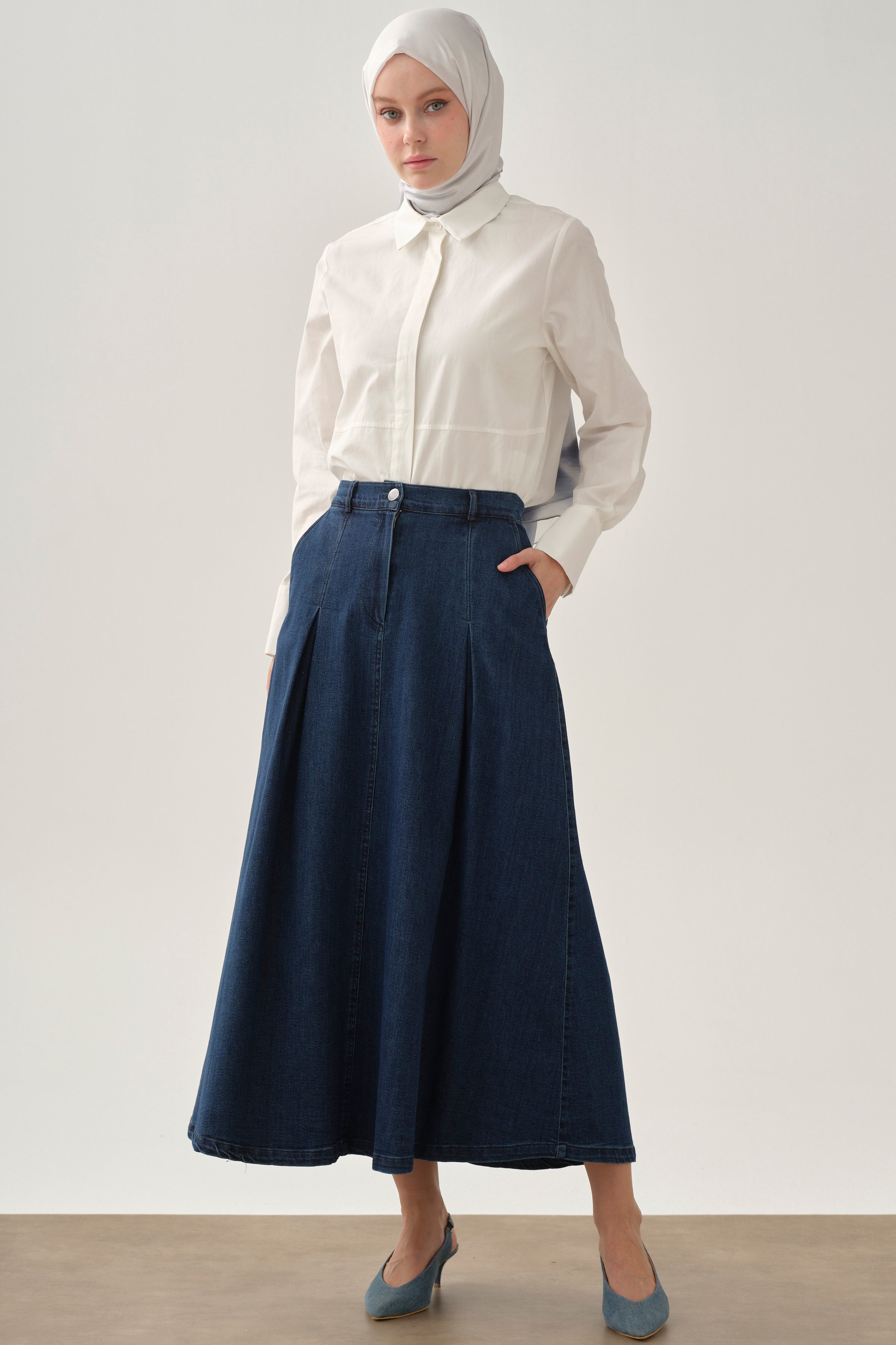 Plikaşeli Denim Etek - İndigo TUGBA