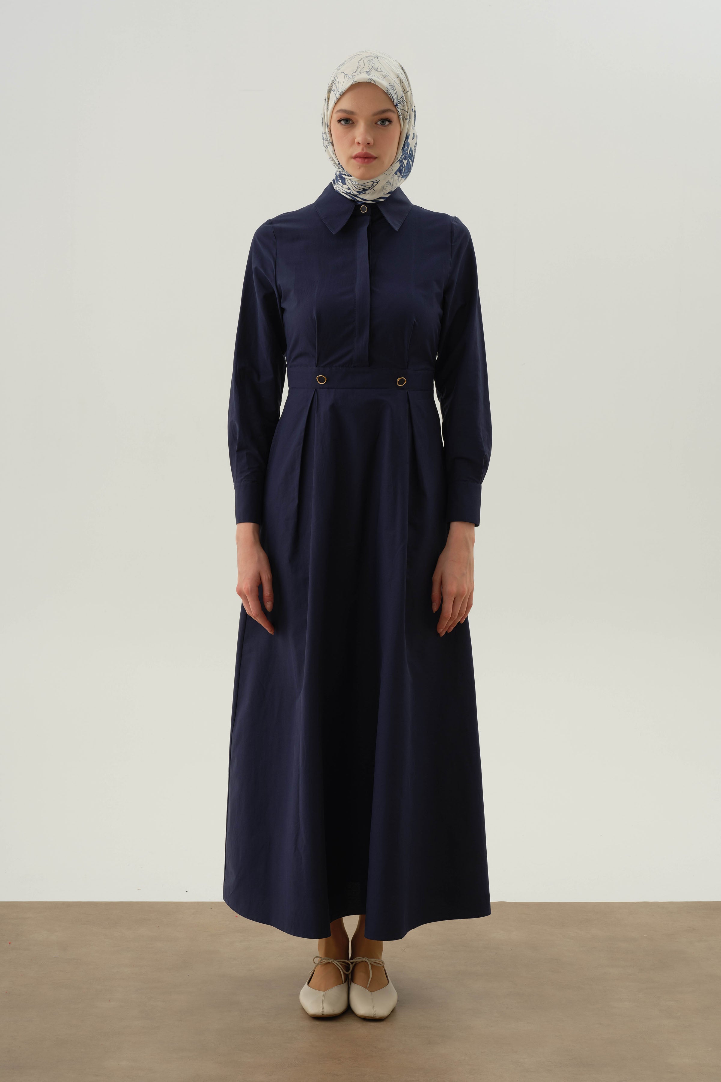 Plikaşeli Elbise - Lacivert TUGBA