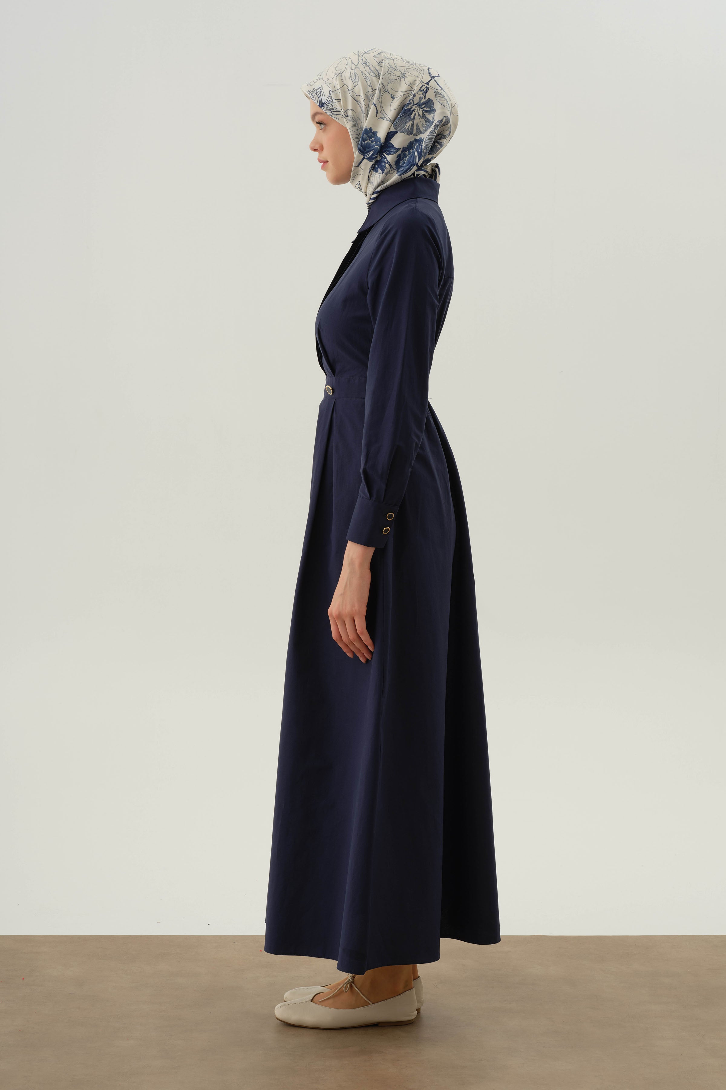 Plikaşeli Elbise - Lacivert TUGBA