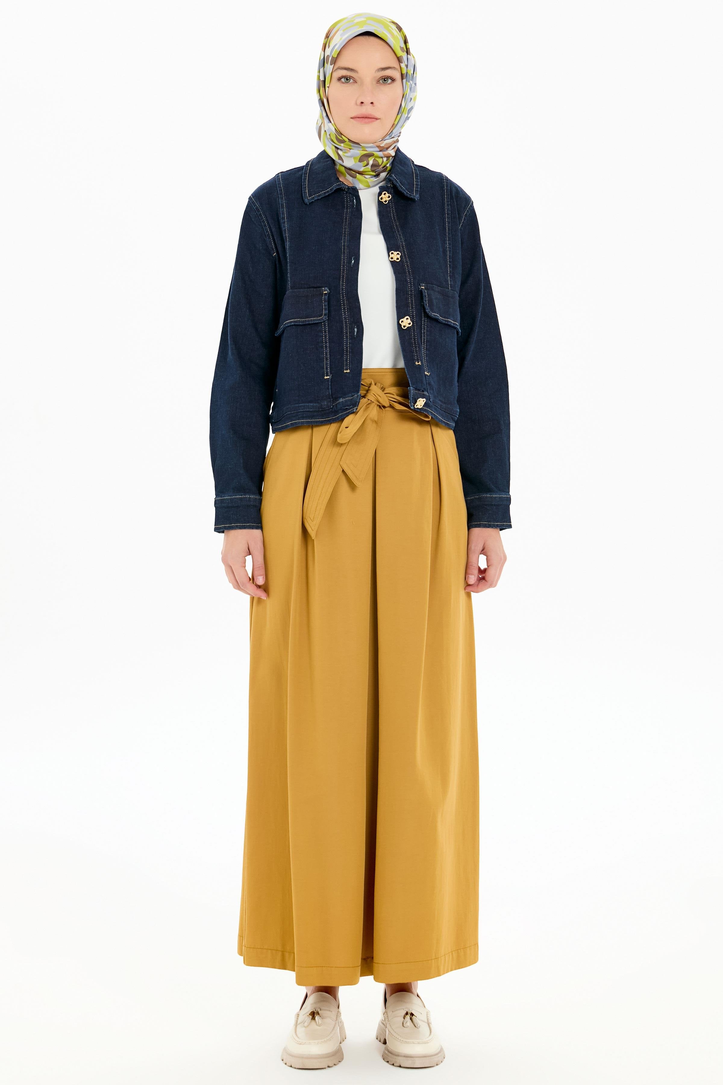 Plikaşeli Kemerli Etek - Camel TUGBA