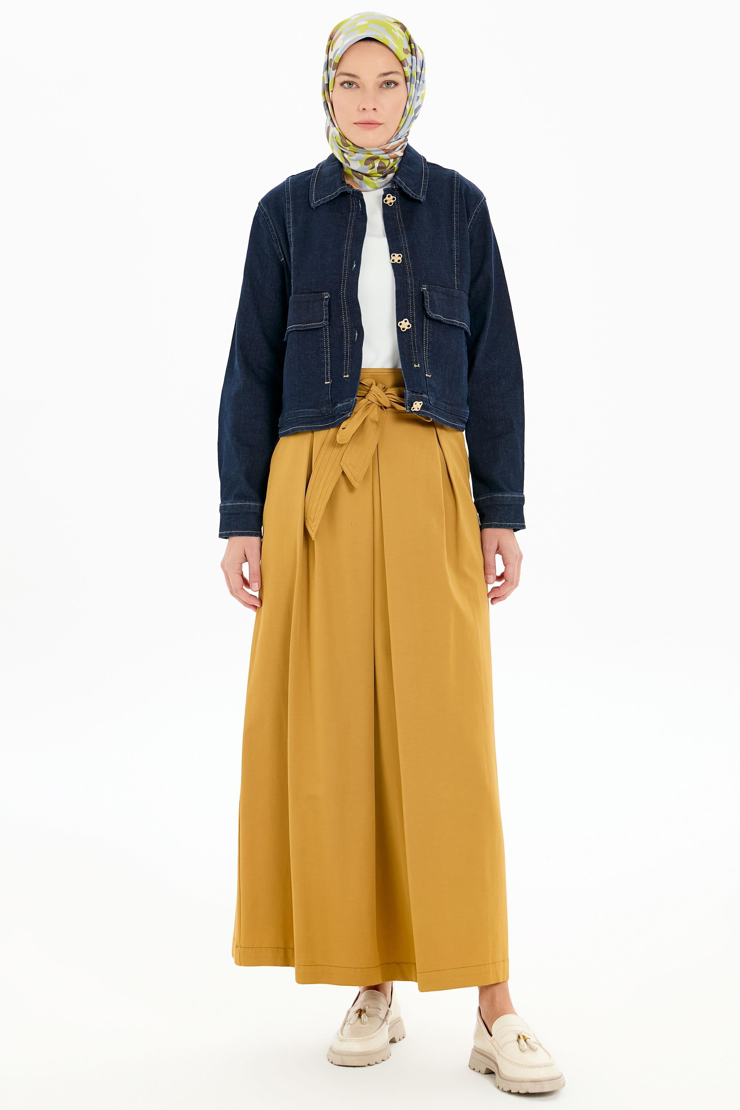 Plikaşeli Kemerli Etek - Camel TUGBA