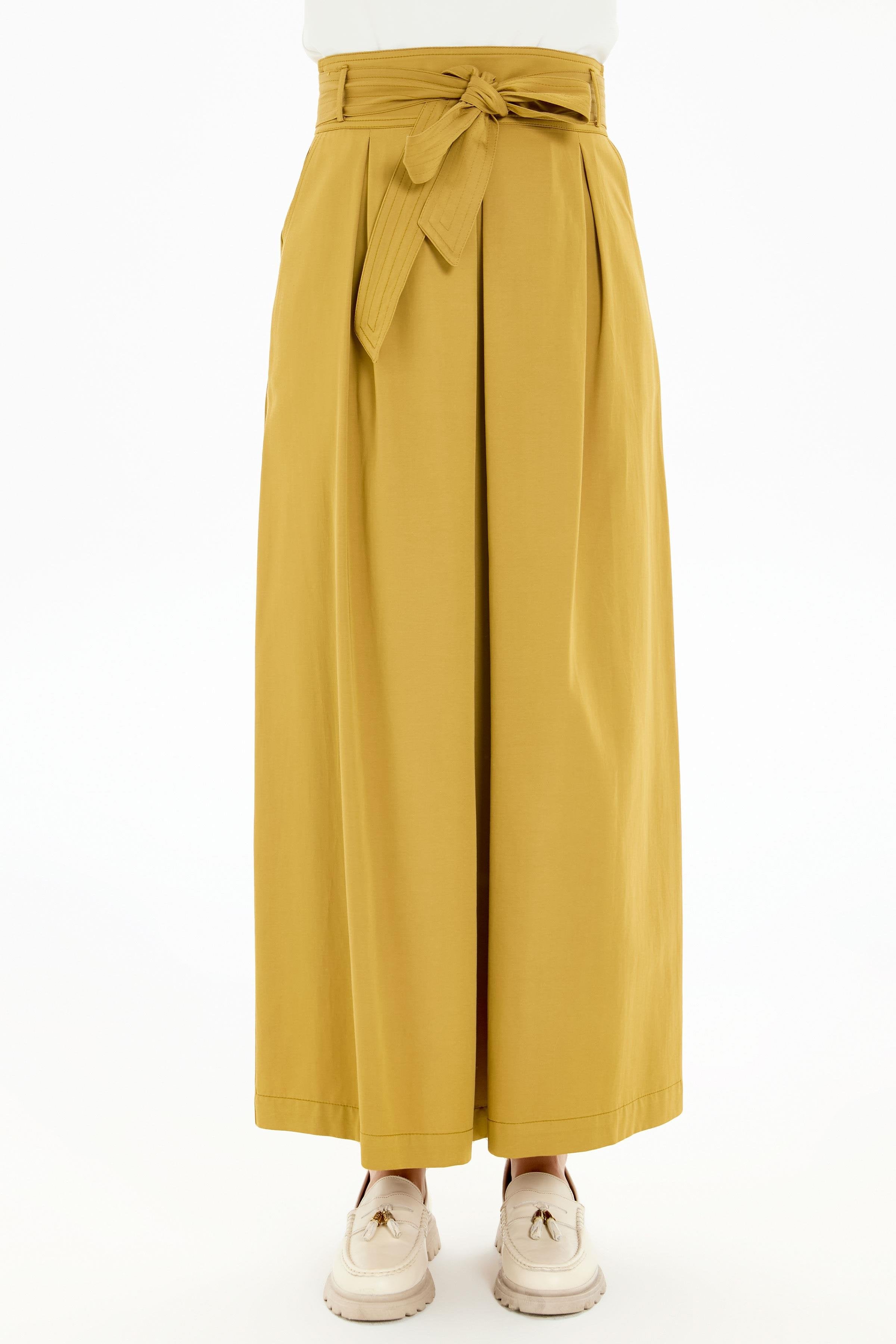 Plikaşeli Kemerli Etek - Camel TUGBA