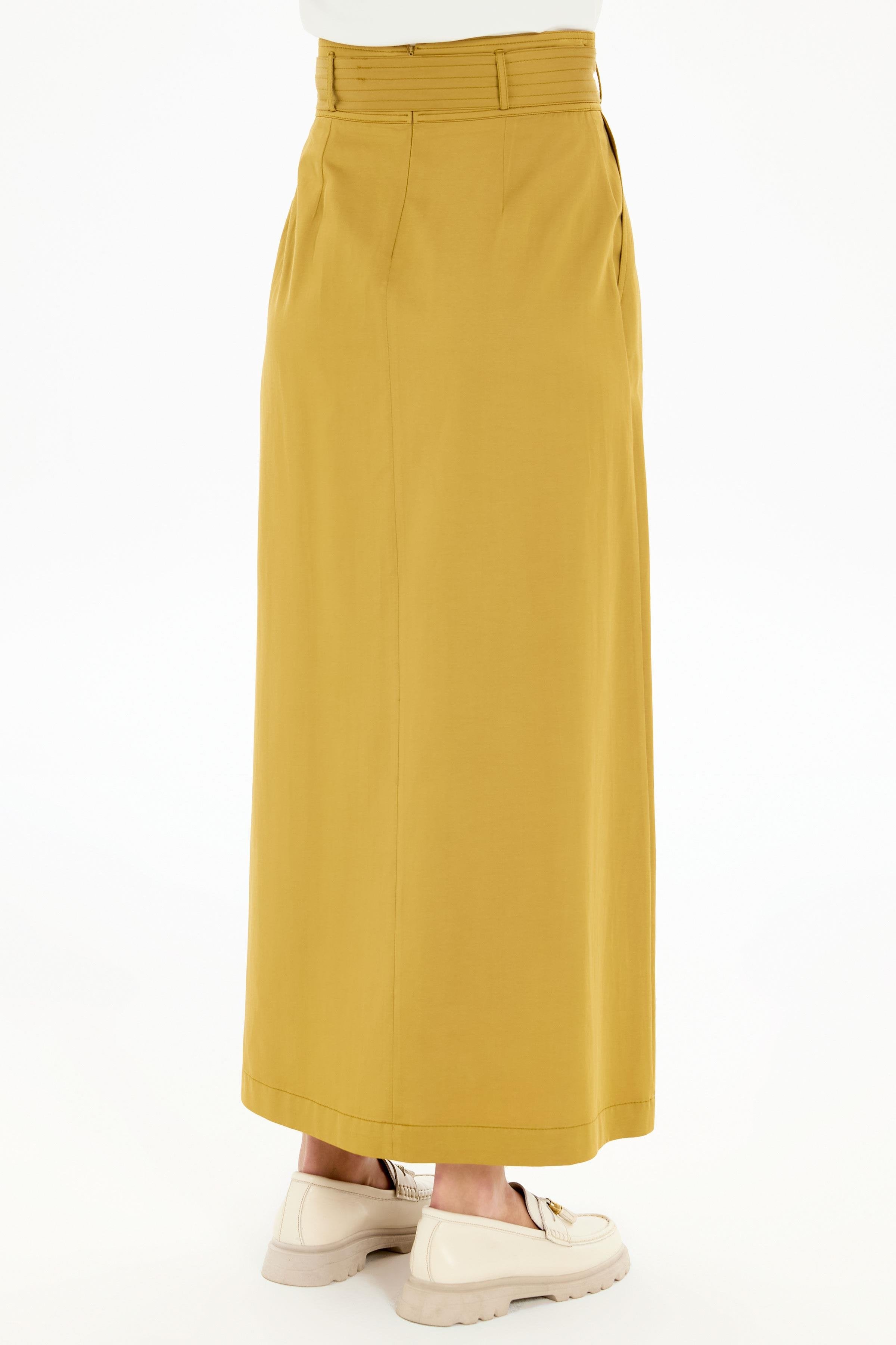 Plikaşeli Kemerli Etek - Camel TUGBA