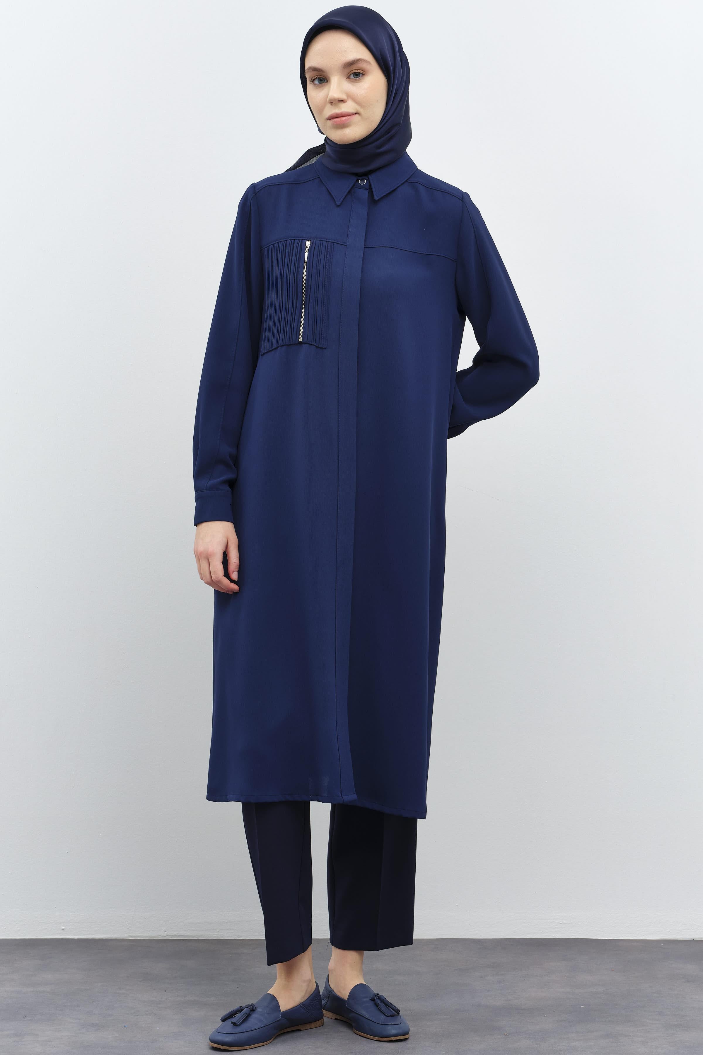 Plise Cep Detaylı Robalı Tunik - İndigo TUGBA