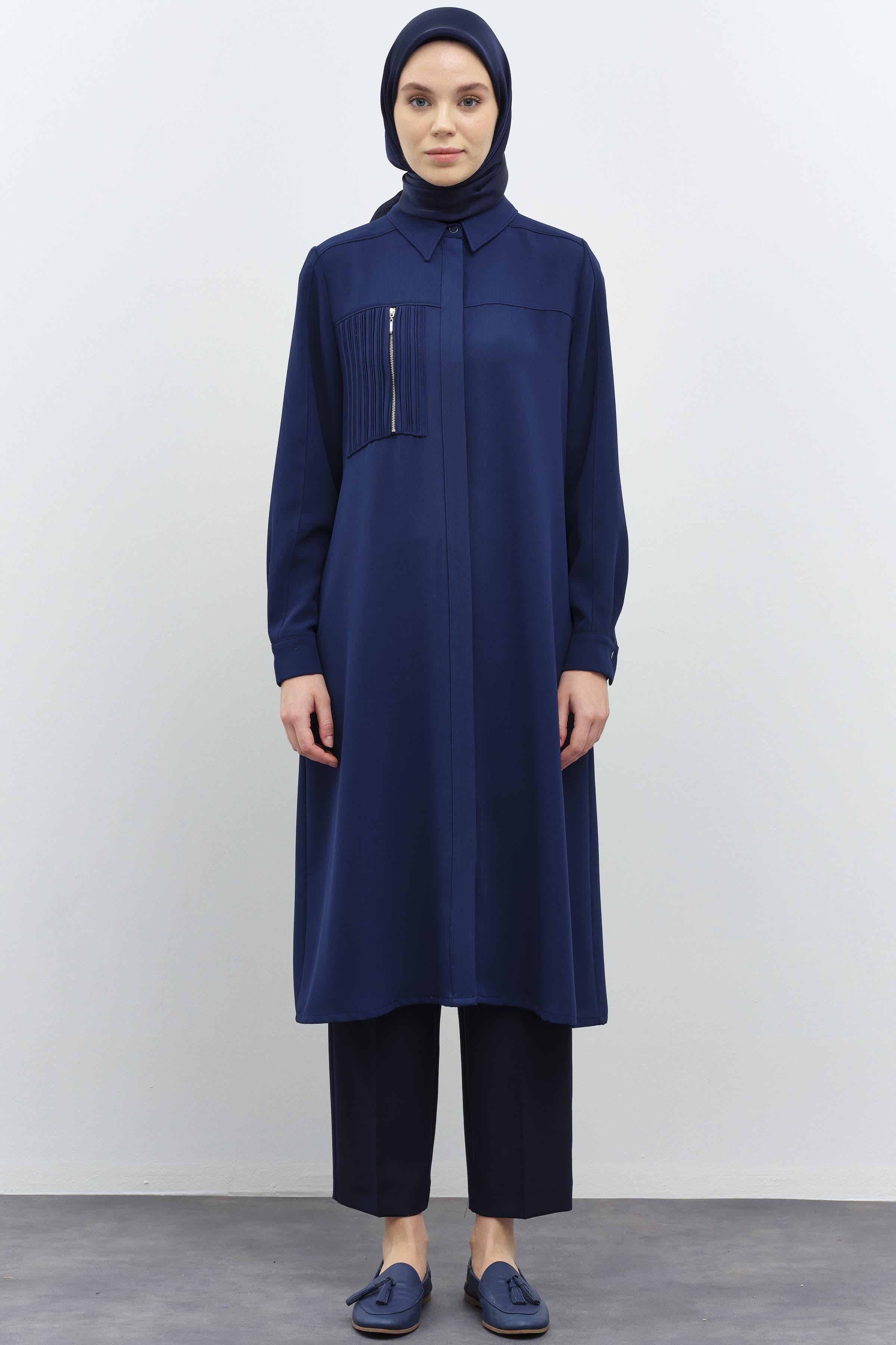 Plise Cep Detaylı Robalı Tunik - İndigo TUGBA