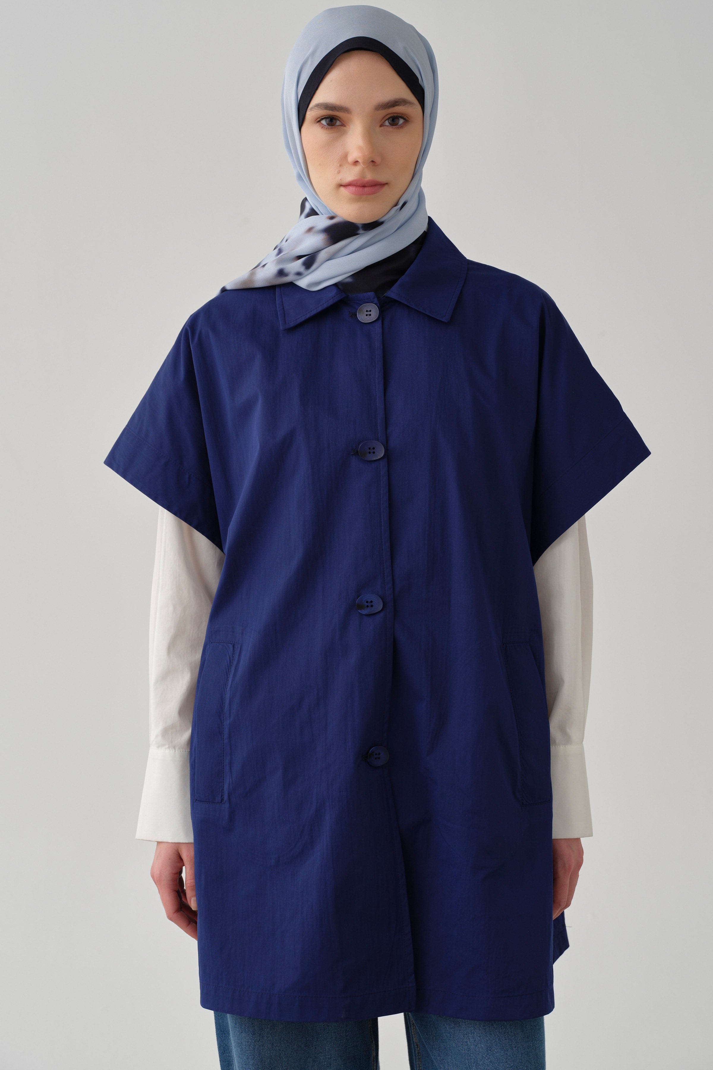 Polo Yaka Düğmeli Panço - Lacivert TUGBA