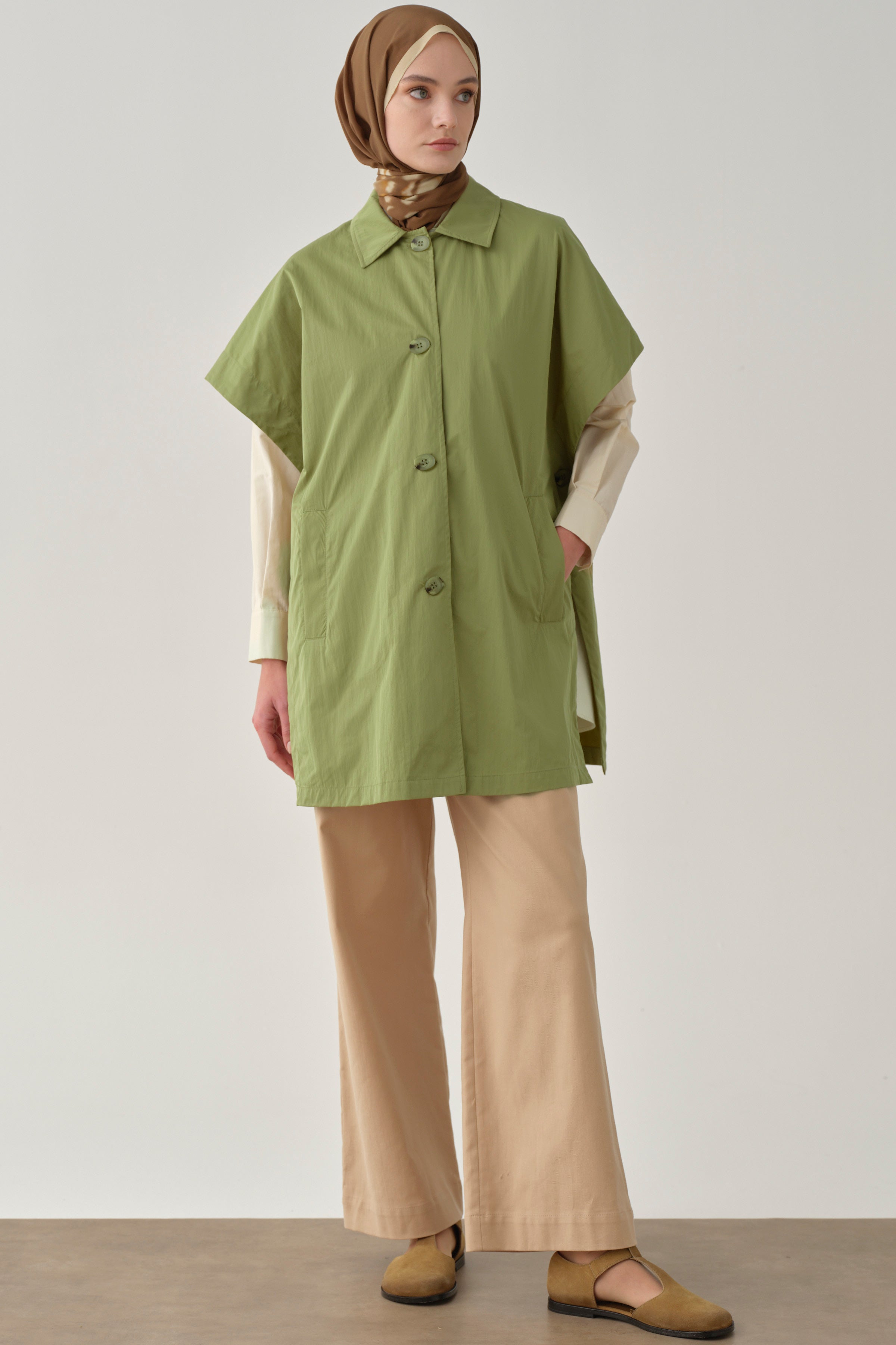 Polo Yaka Düğmeli Panço - Olive TUGBA