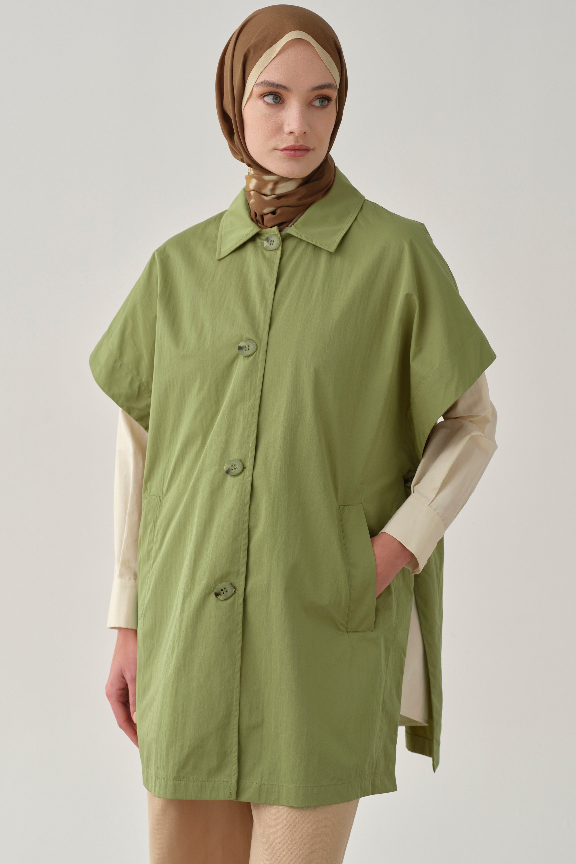 Polo Yaka Düğmeli Panço - Olive TUGBA