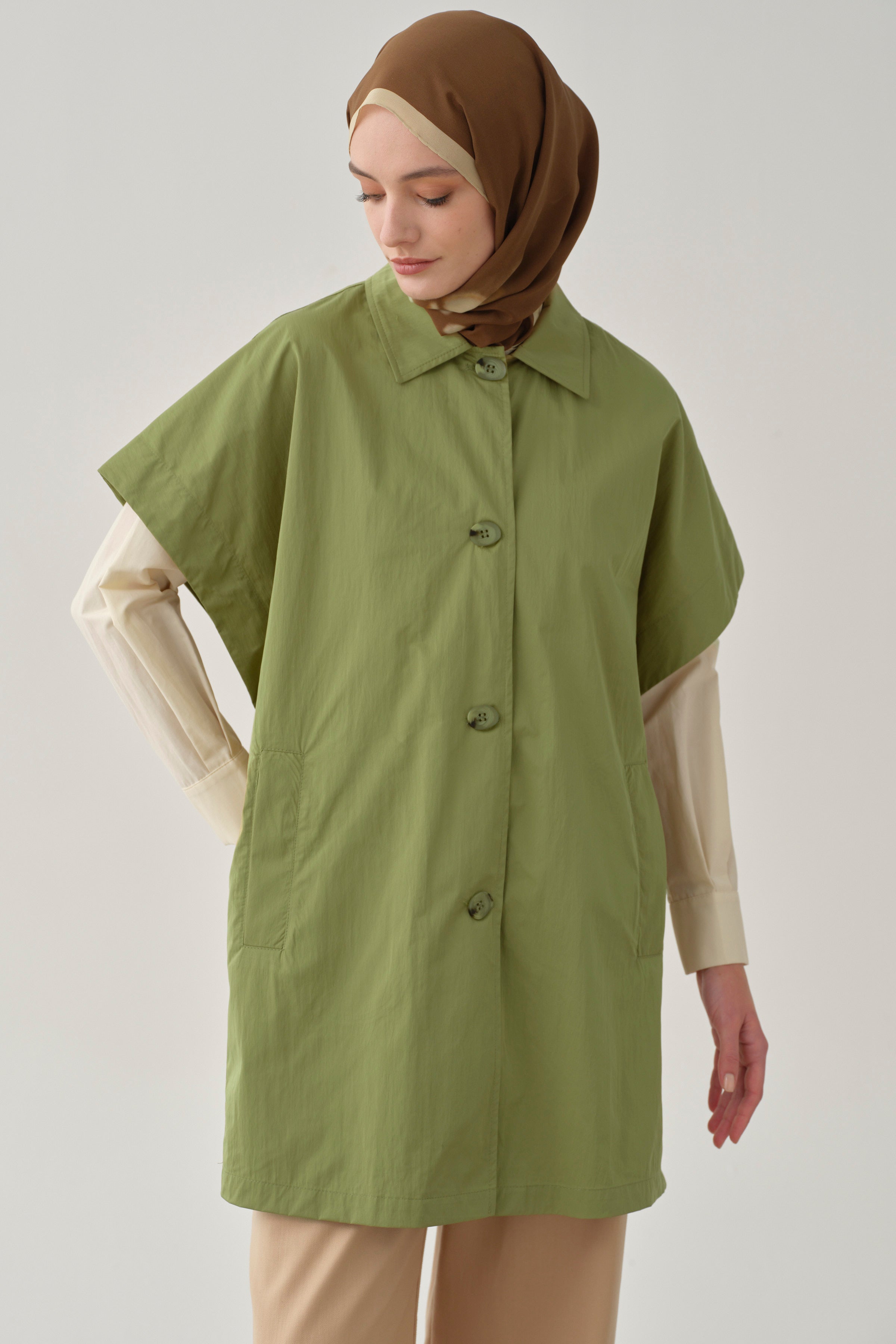 Polo Yaka Düğmeli Panço - Olive TUGBA