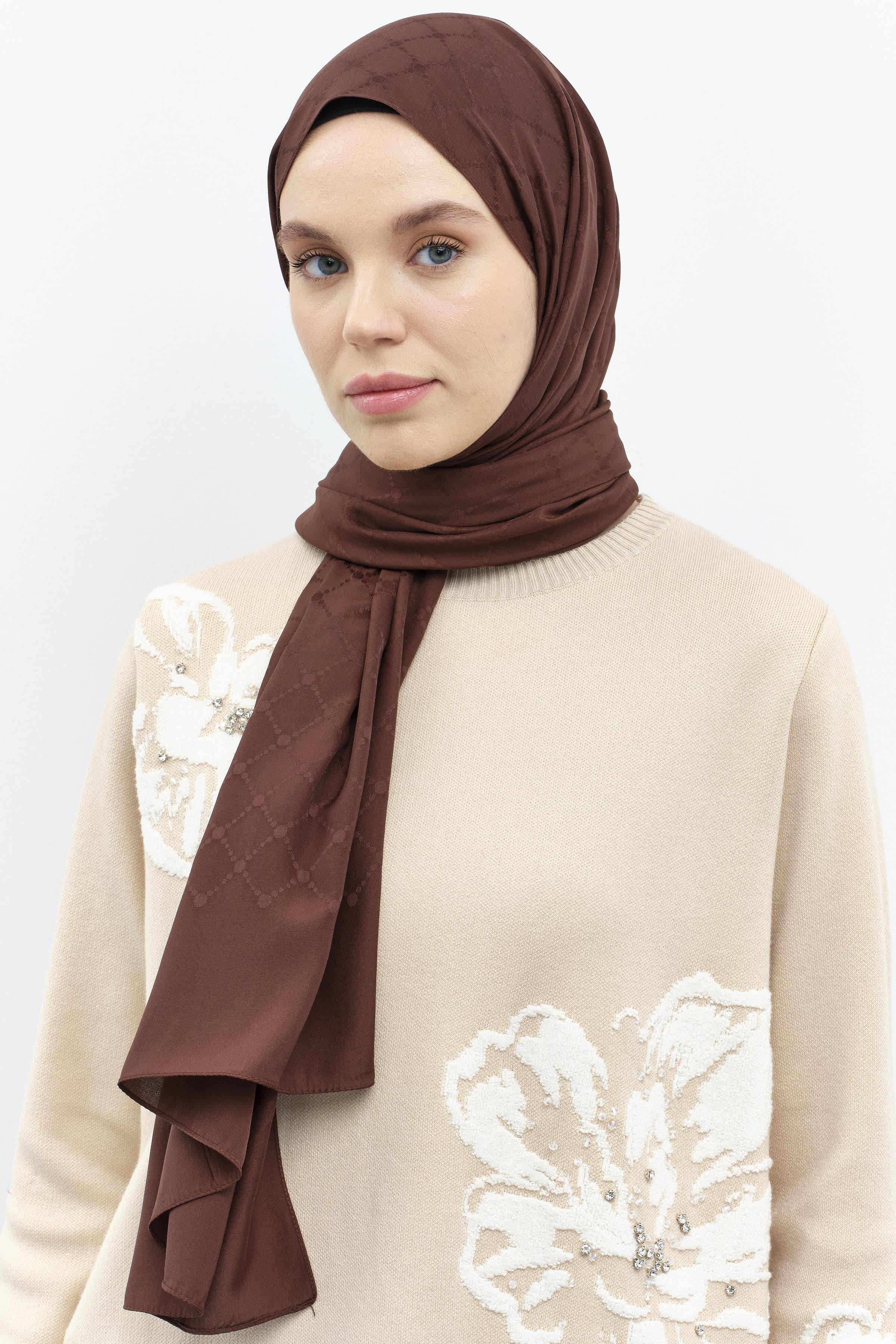Puan Kare Desen Viskon Şal - Kahve TUGBA