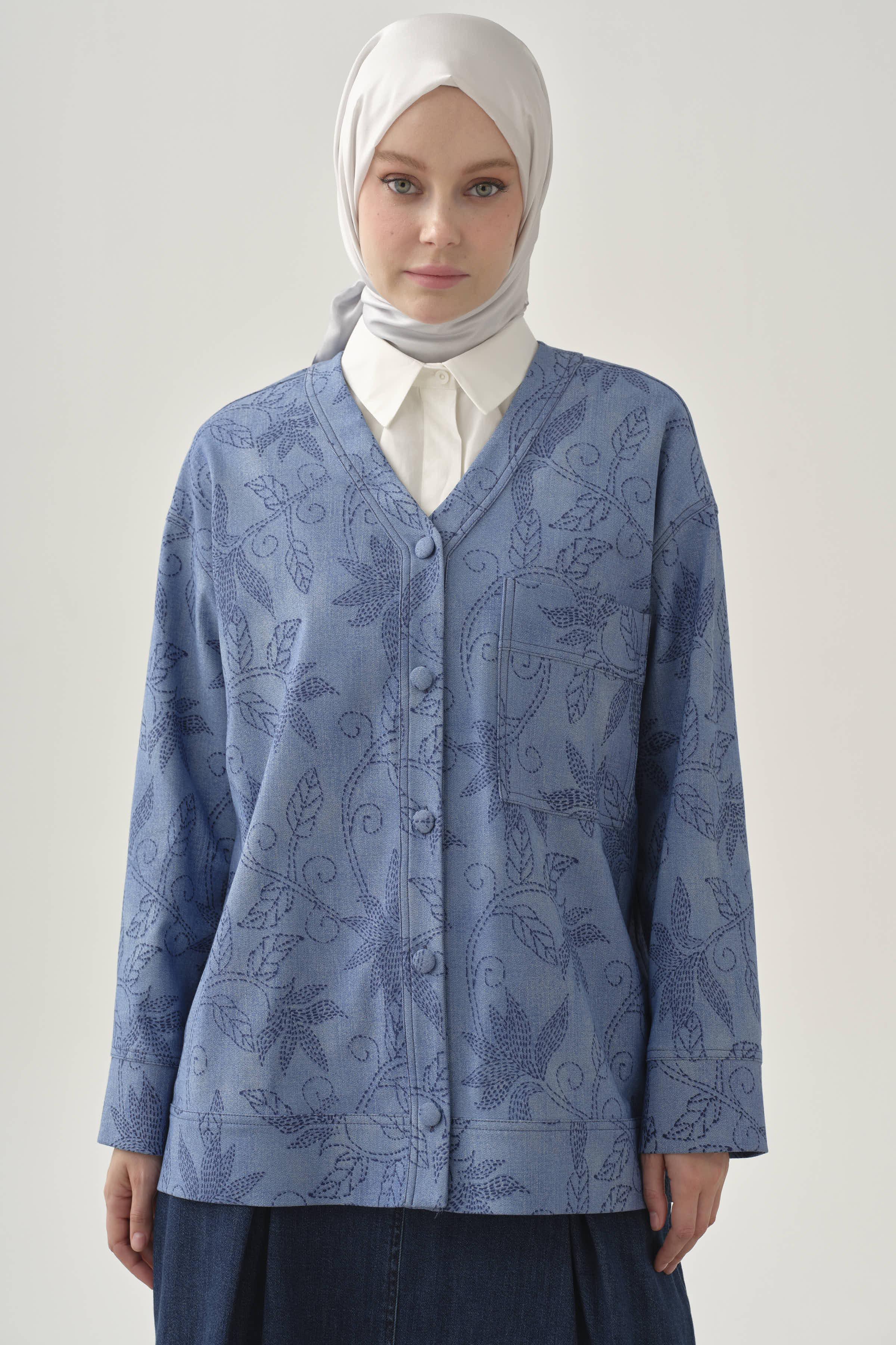 Punto Çiçek Desenli Kimono - İndigo TUGBA