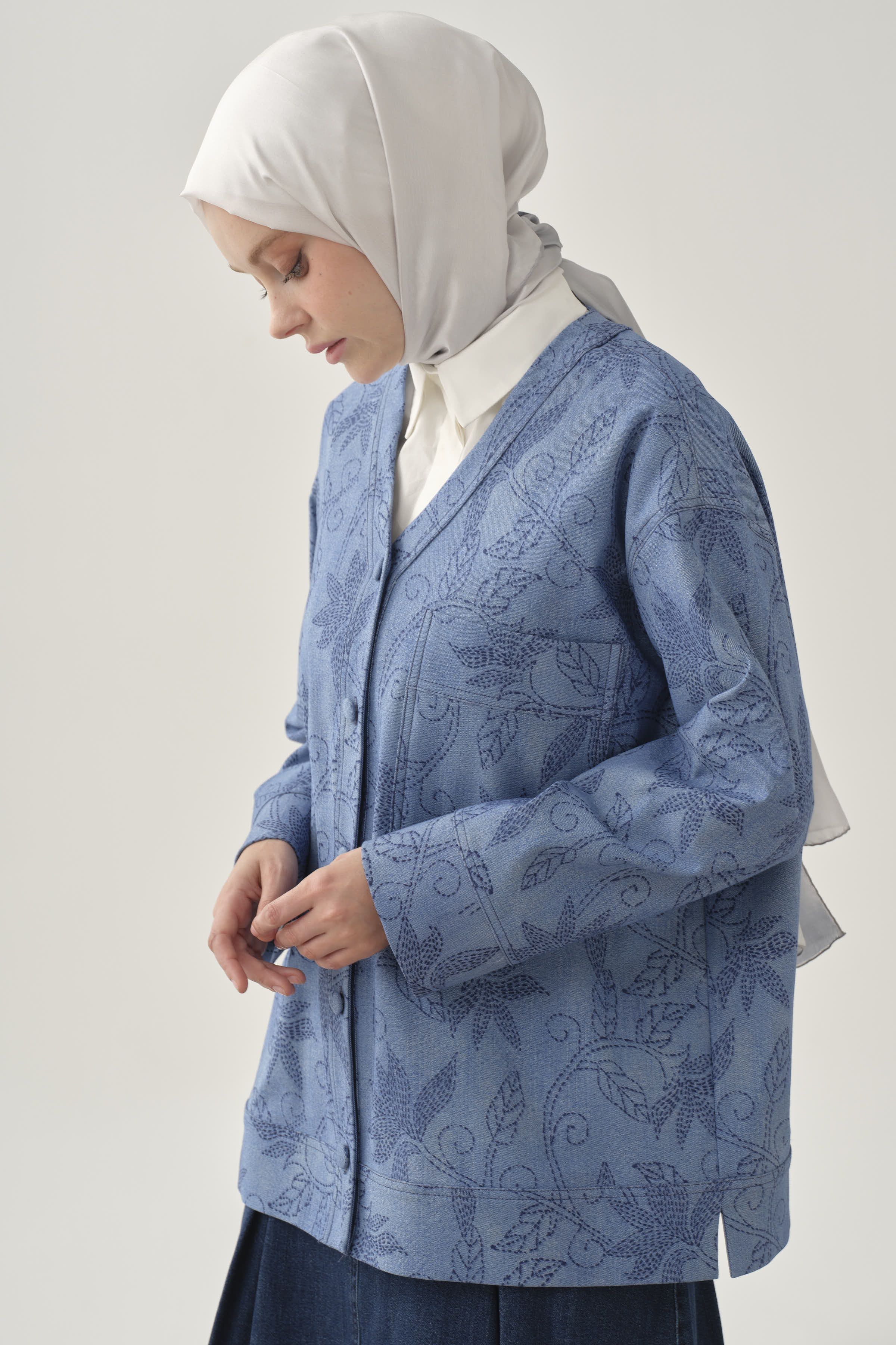 Punto Çiçek Desenli Kimono - İndigo TUGBA