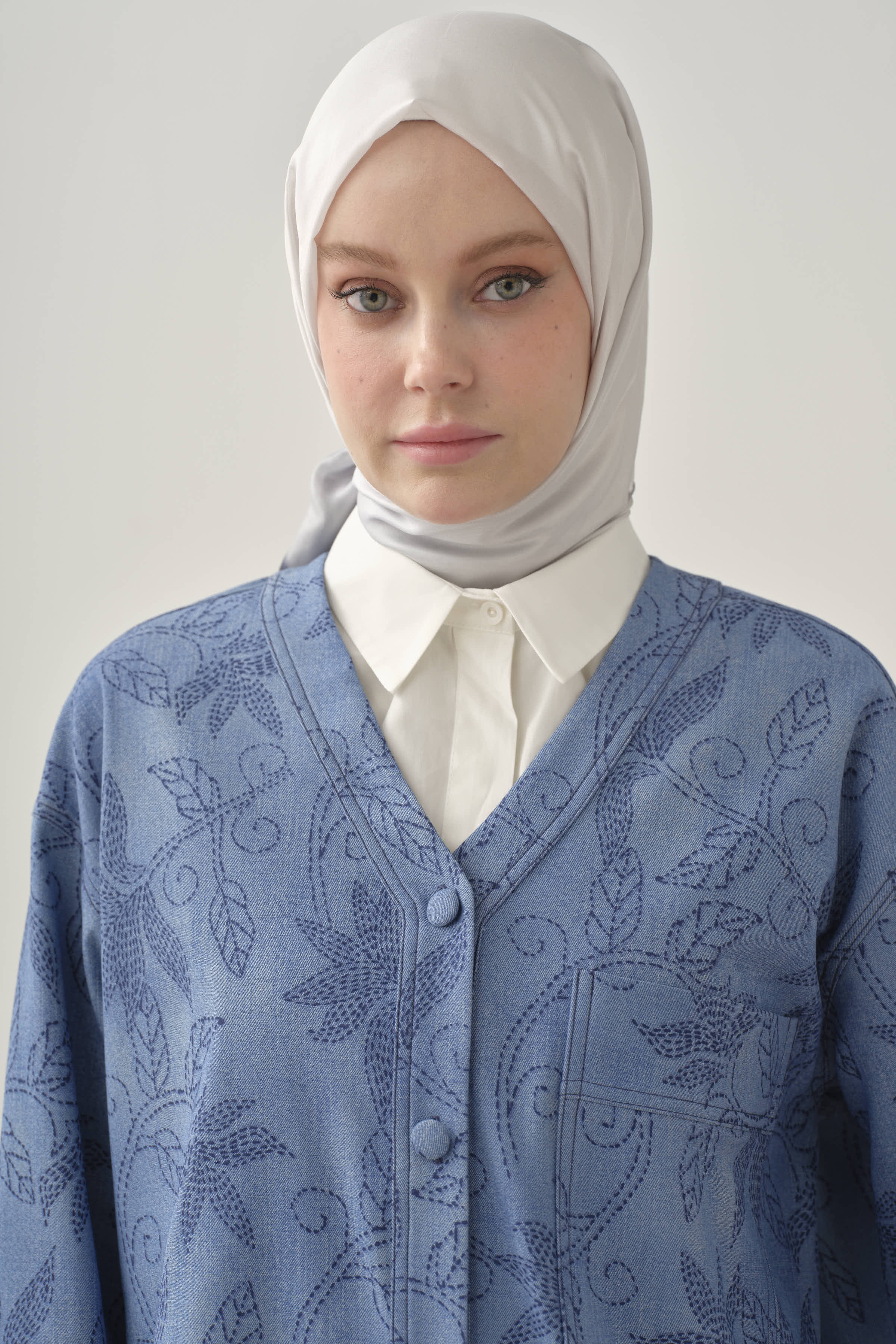 Punto Çiçek Desenli Kimono - İndigo TUGBA