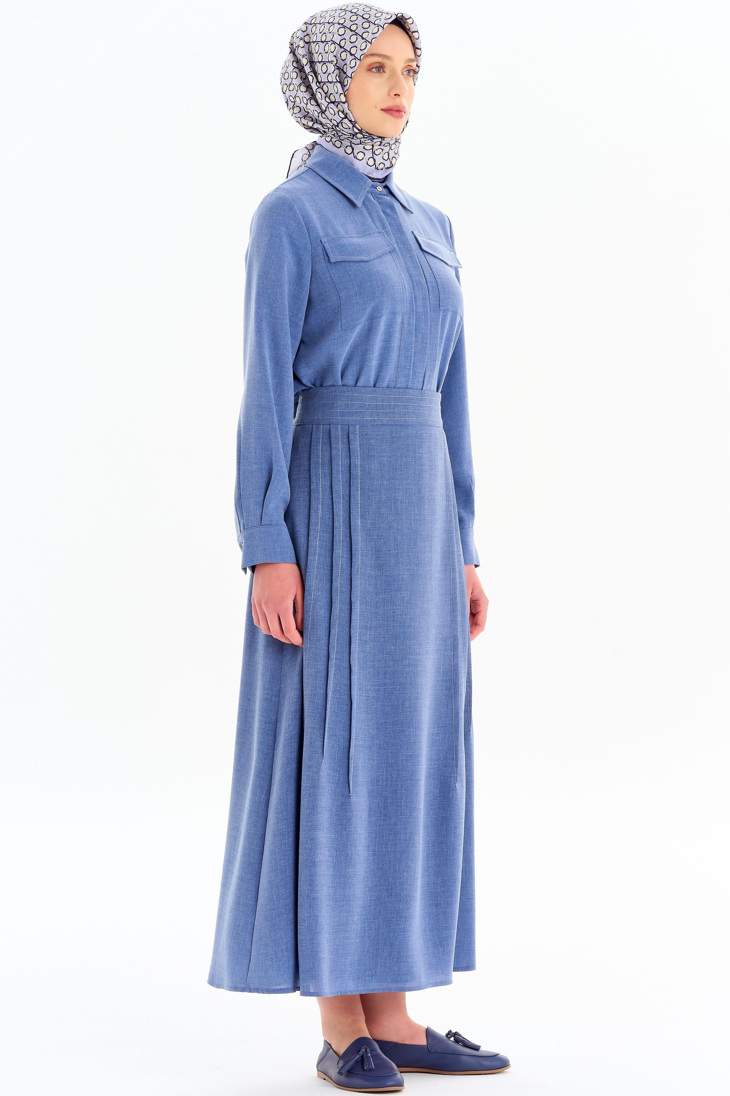 Punto Dikiş Detaylı Gömlek Etek Takım - İndigo TUGBA