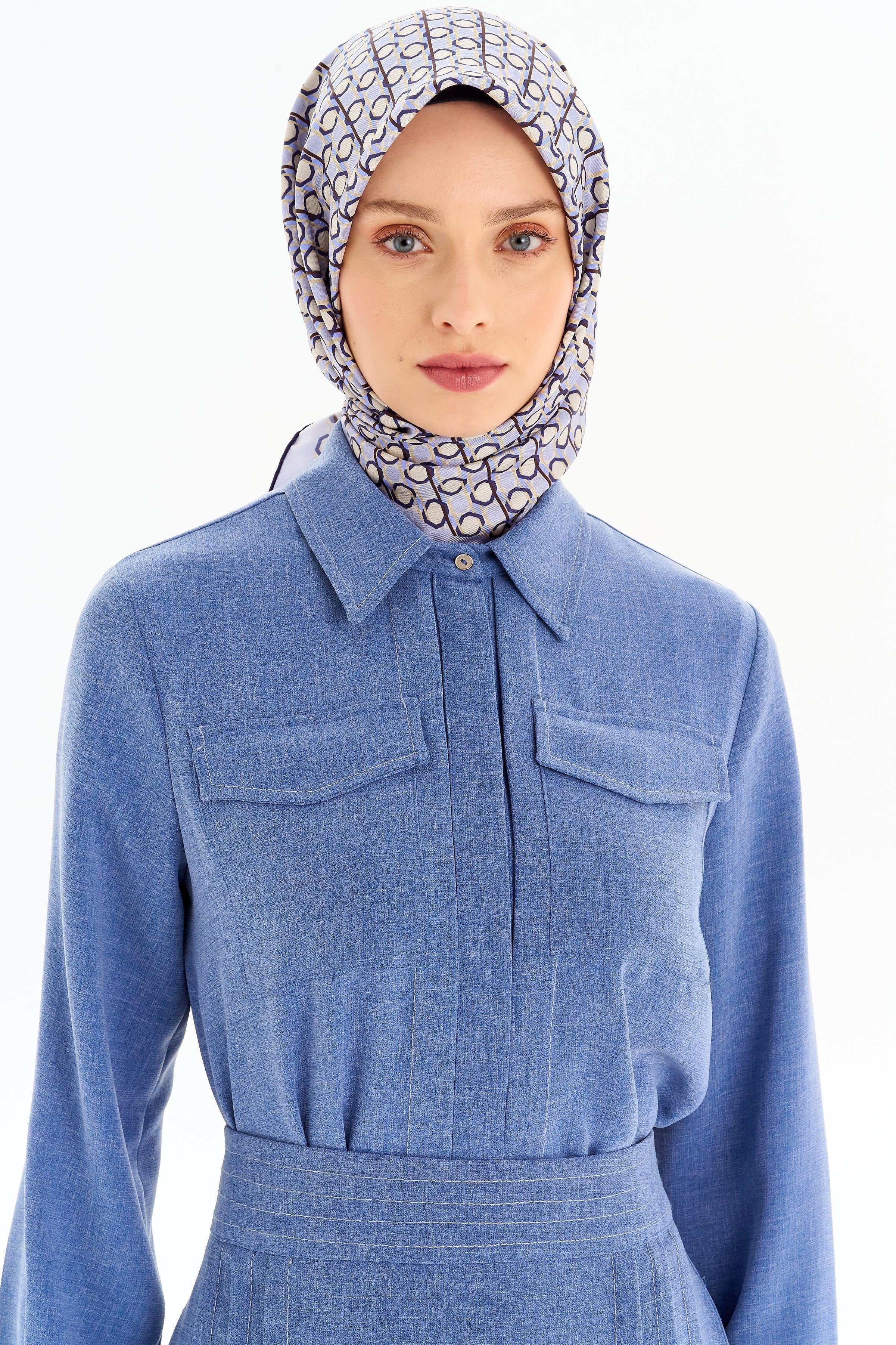 Punto Dikiş Detaylı Gömlek Etek Takım - İndigo TUGBA