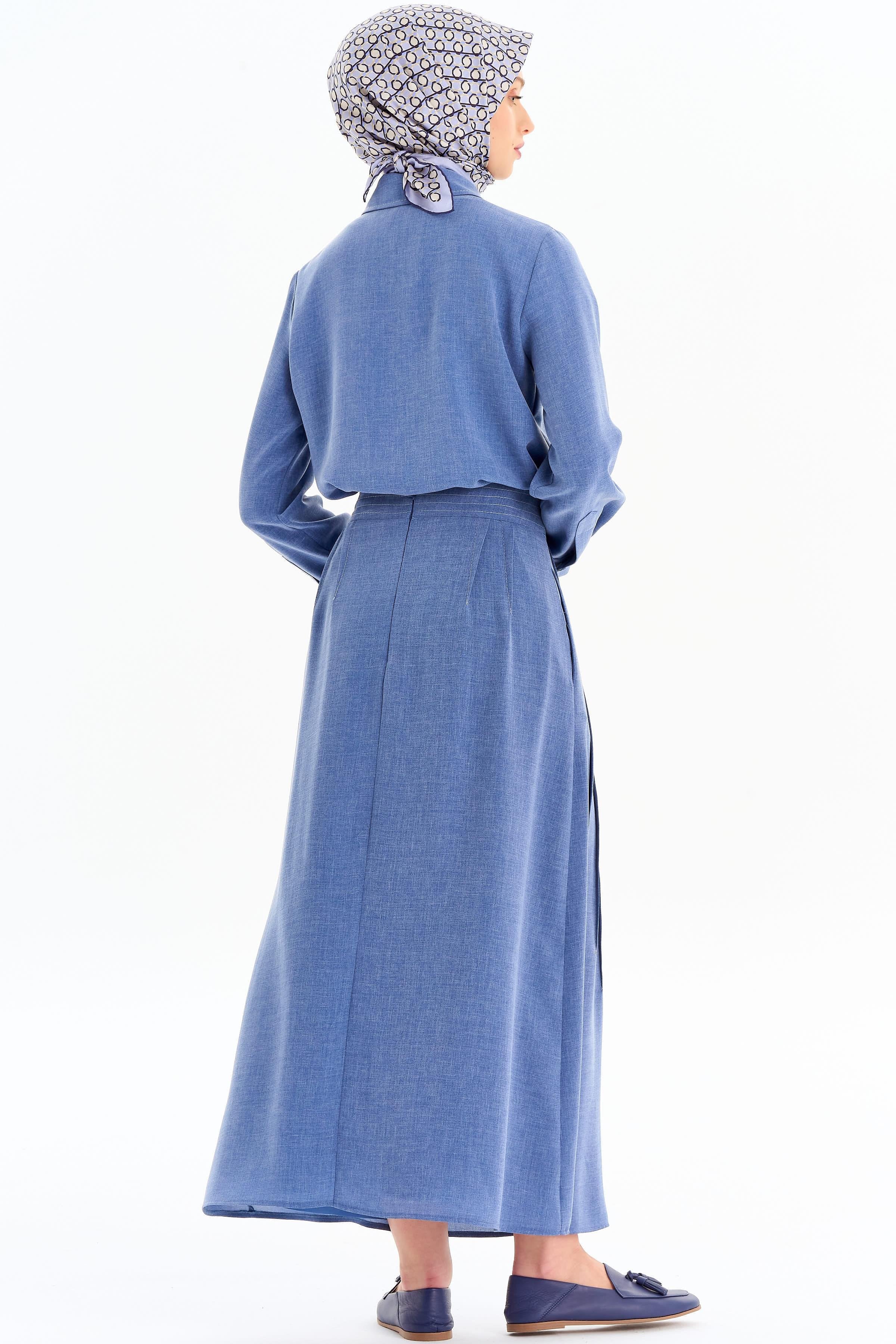 Punto Dikiş Detaylı Gömlek Etek Takım - İndigo TUGBA