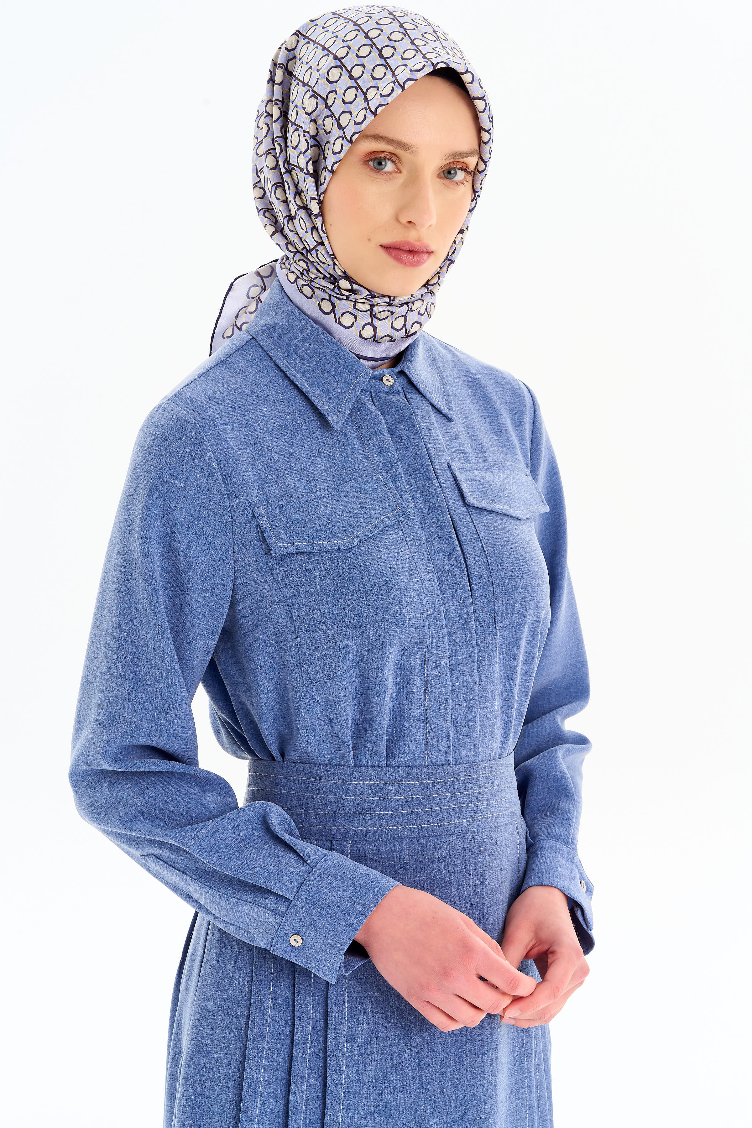 Punto Dikiş Detaylı Gömlek Etek Takım - İndigo TUGBA