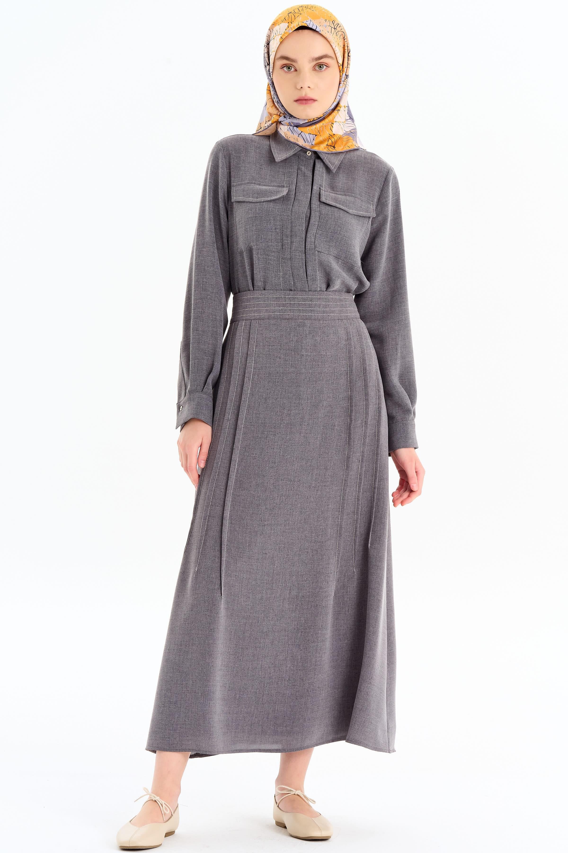 Punto Dikiş Detaylı Gömlek Etek Takım - Koyu Gri TUGBA