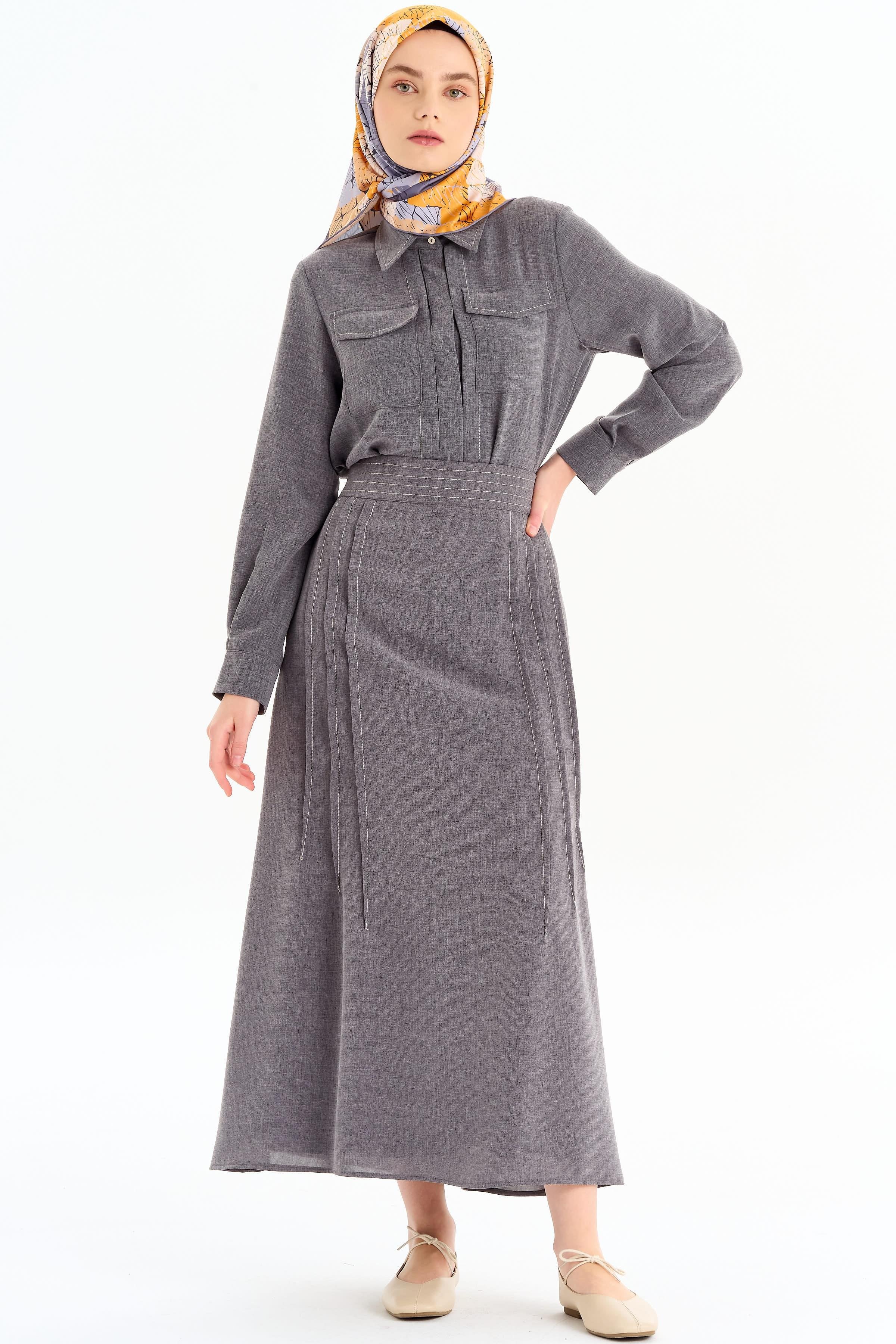 Punto Dikiş Detaylı Gömlek Etek Takım - Koyu Gri TUGBA