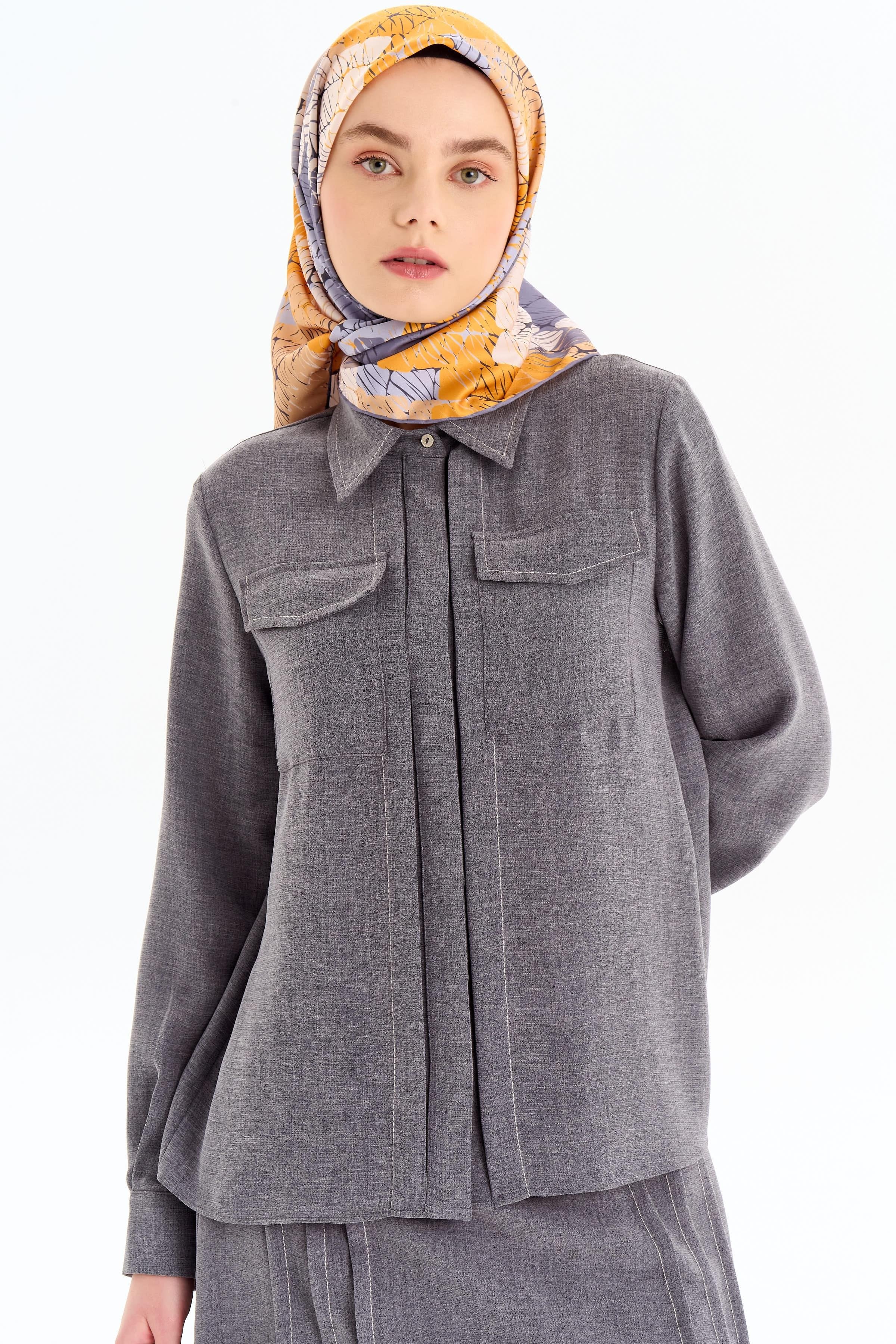 Punto Dikiş Detaylı Gömlek Etek Takım - Koyu Gri TUGBA