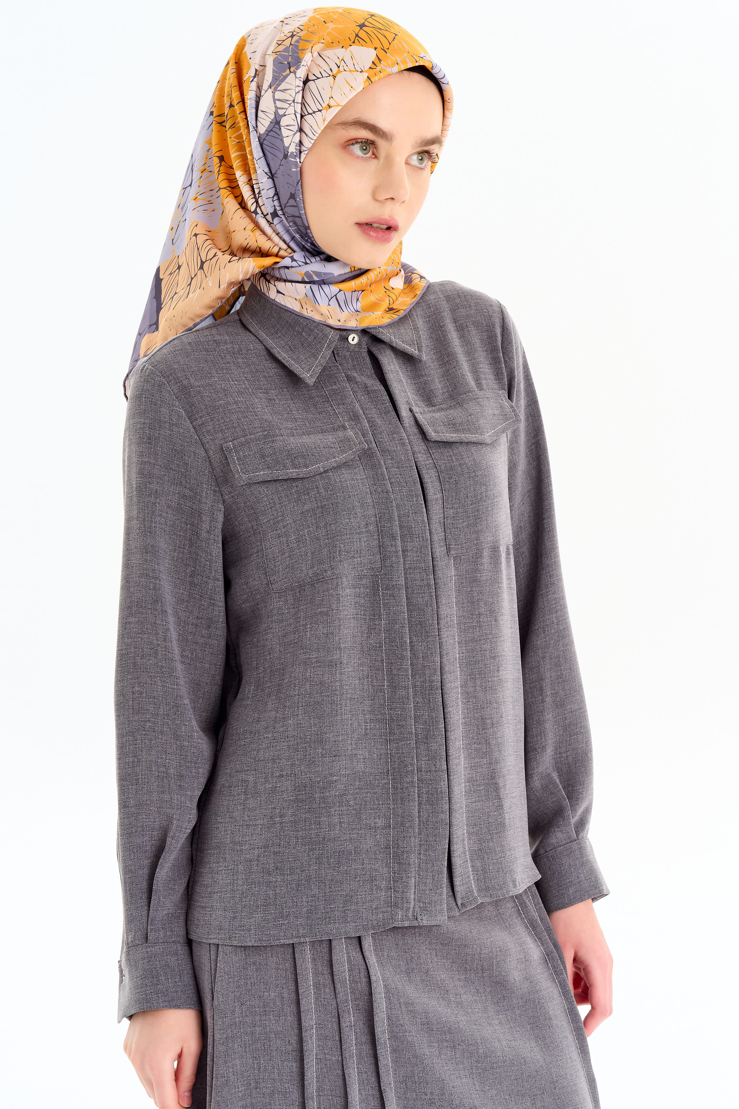 Punto Dikiş Detaylı Gömlek Etek Takım - Koyu Gri TUGBA