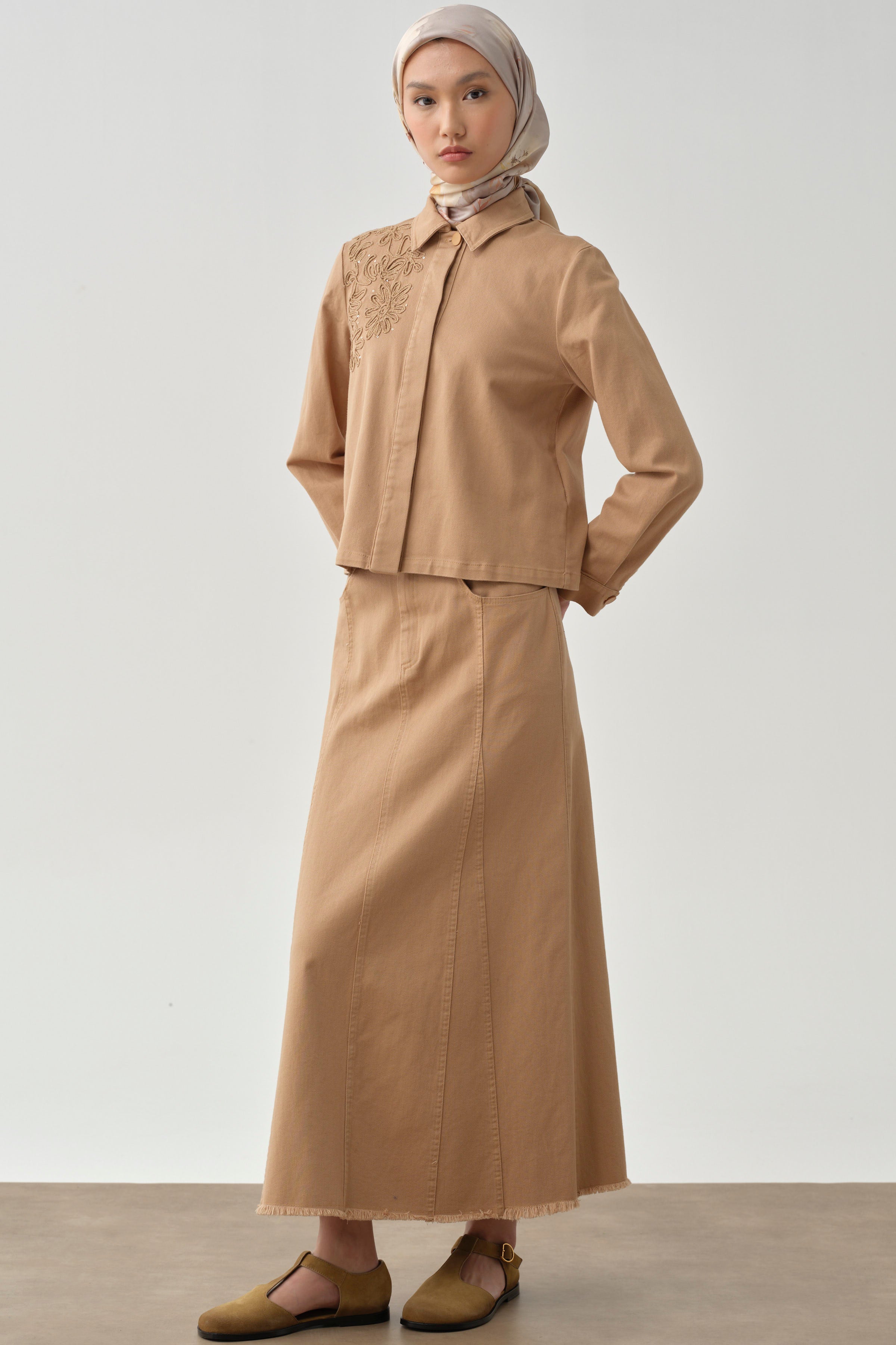 Püskül Detaylı Cepli Canvas Etek - Camel TUGBA