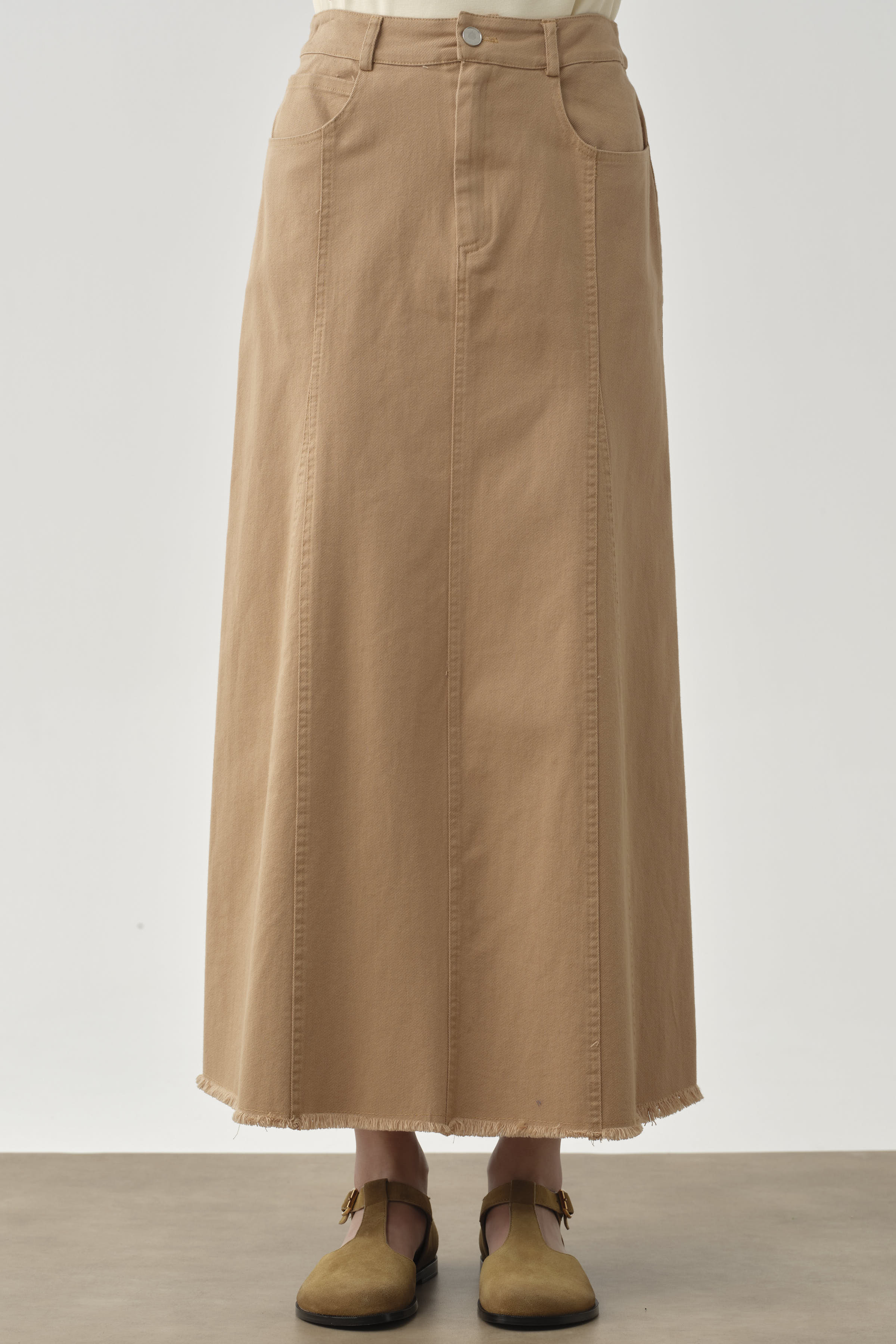 Püskül Detaylı Cepli Canvas Etek - Camel TUGBA