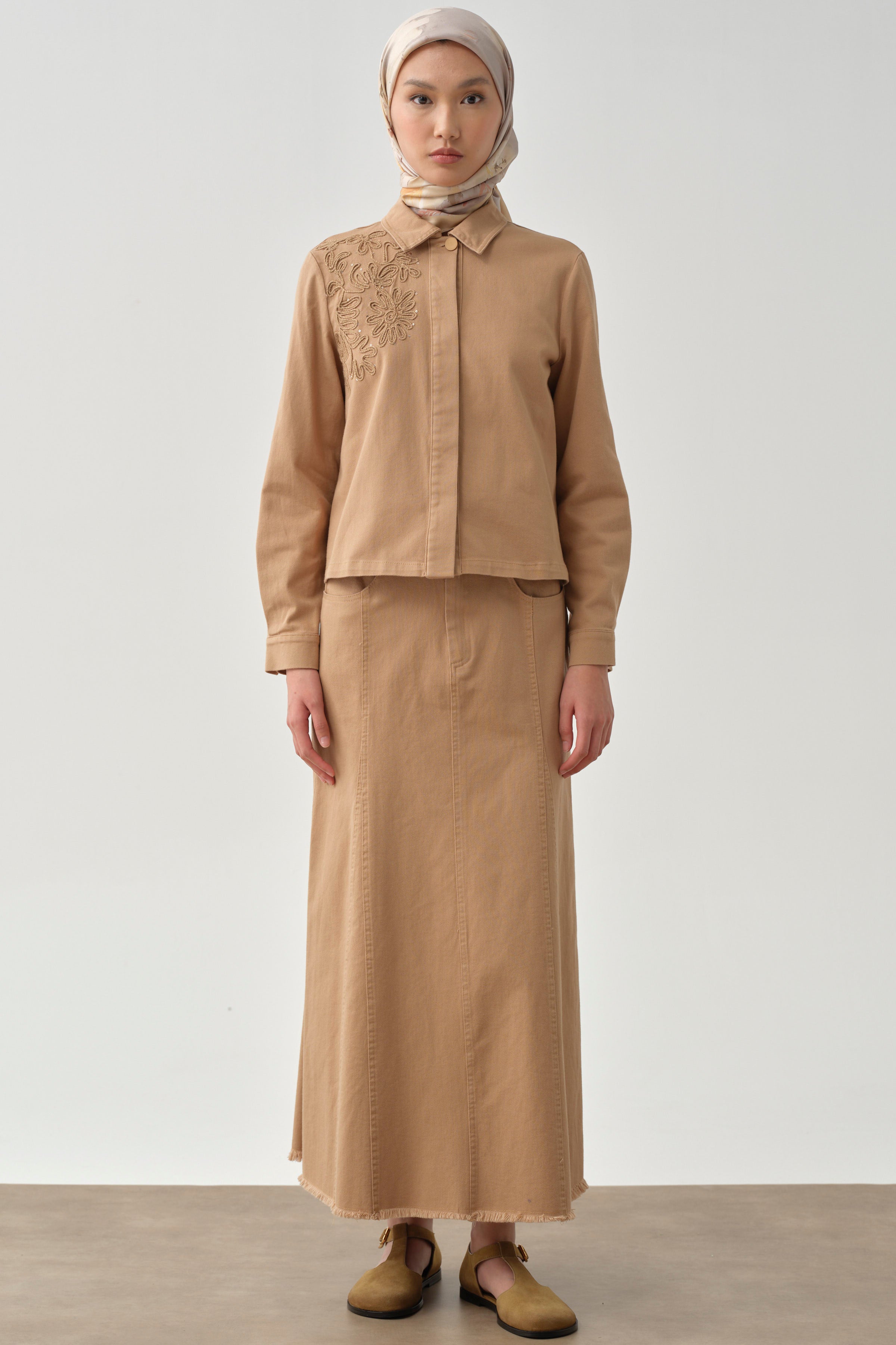 Püskül Detaylı Cepli Canvas Etek - Camel TUGBA