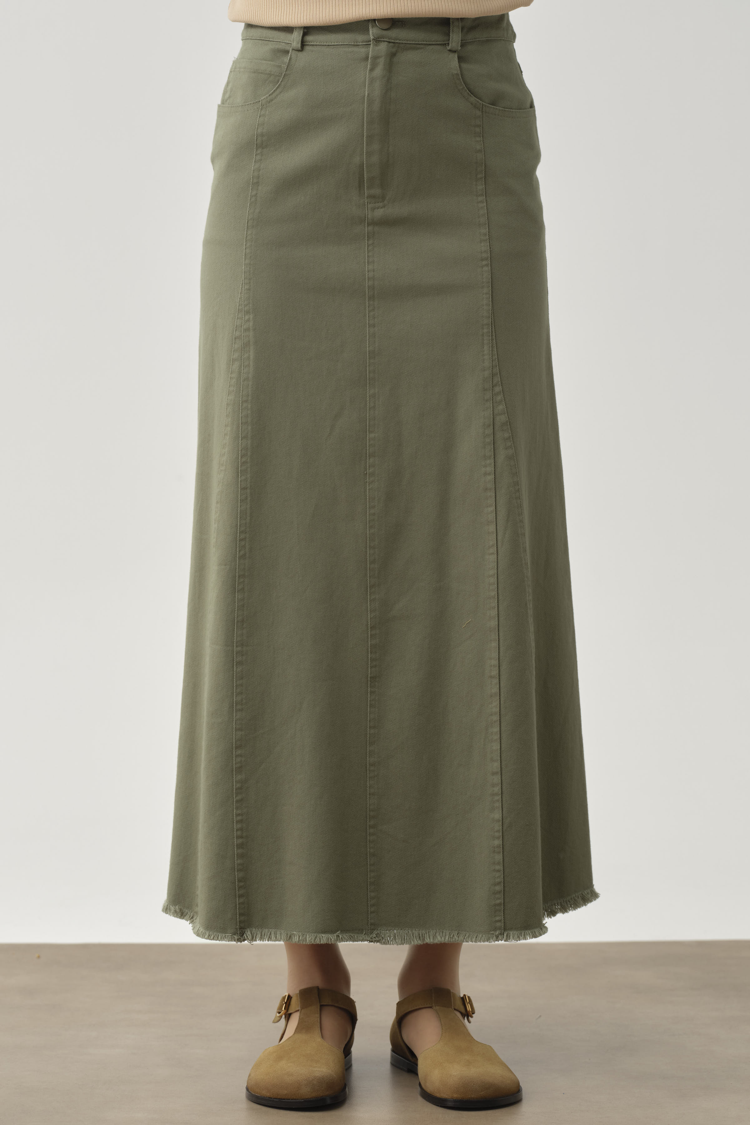 Püskül Detaylı Cepli Canvas Etek - Haki TUGBA