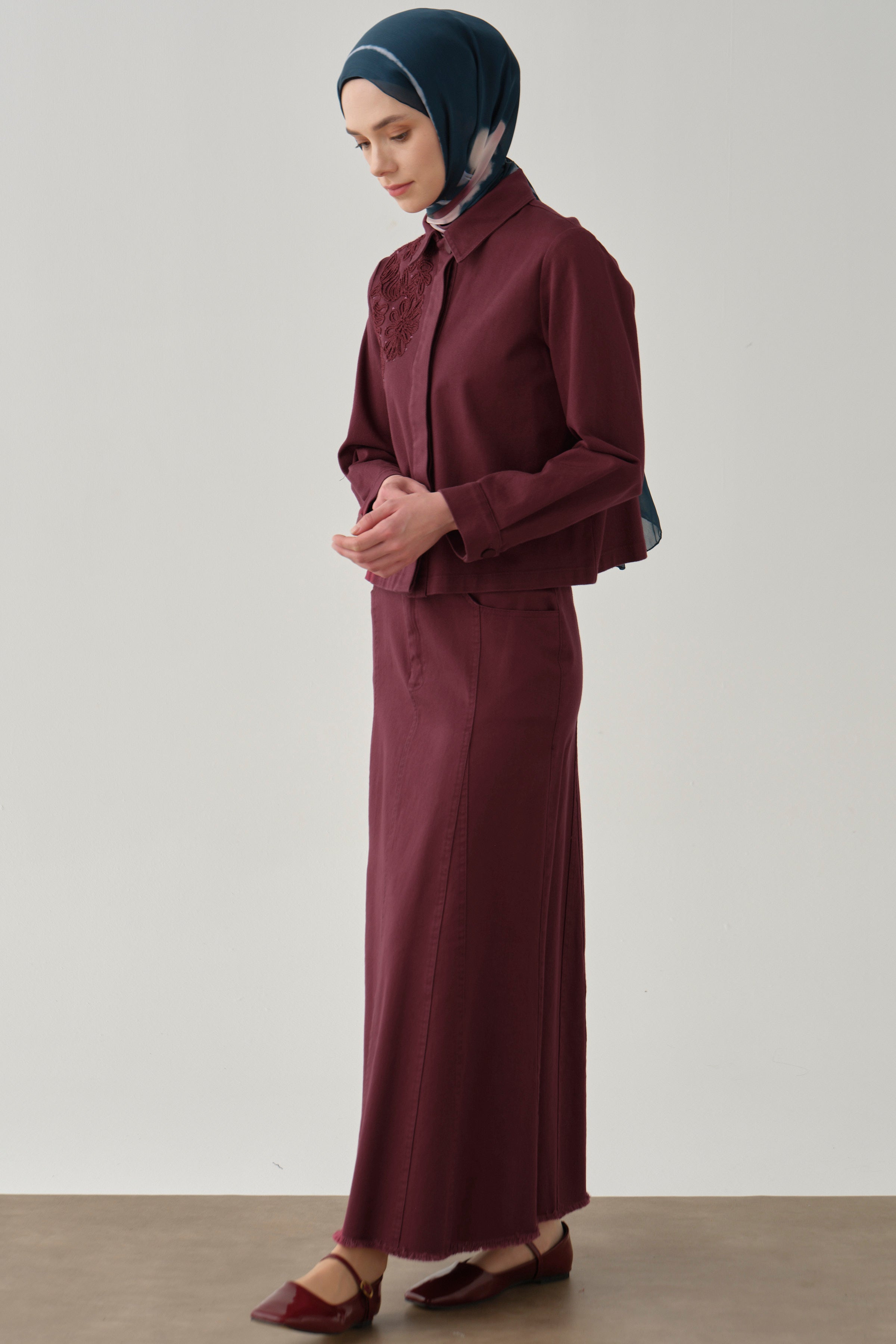 Püskül Detaylı Cepli Canvas Etek - Mürdüm TUGBA