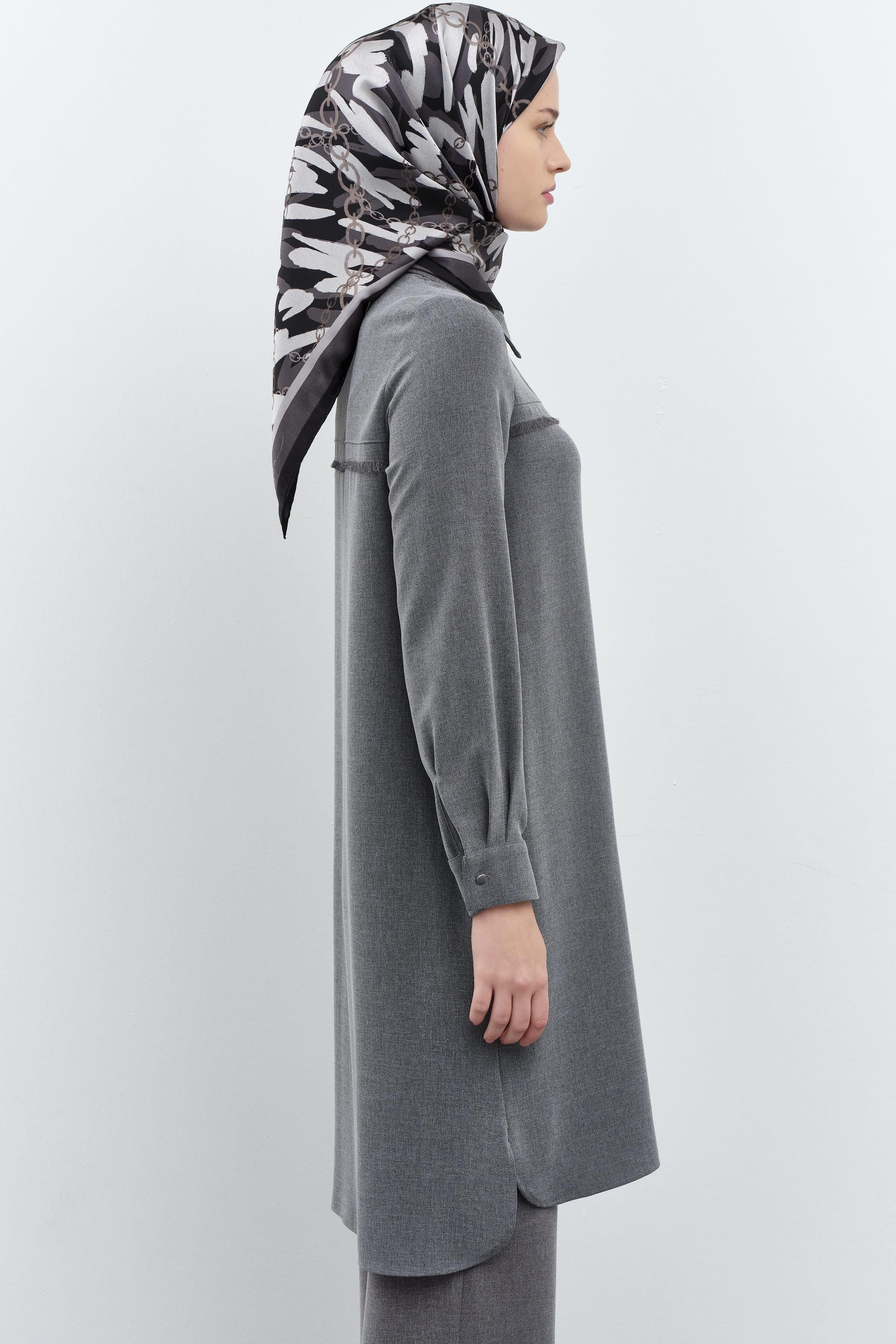 Püskül Detaylı Desen Baskılı Tunik - Antrasit TUGBA