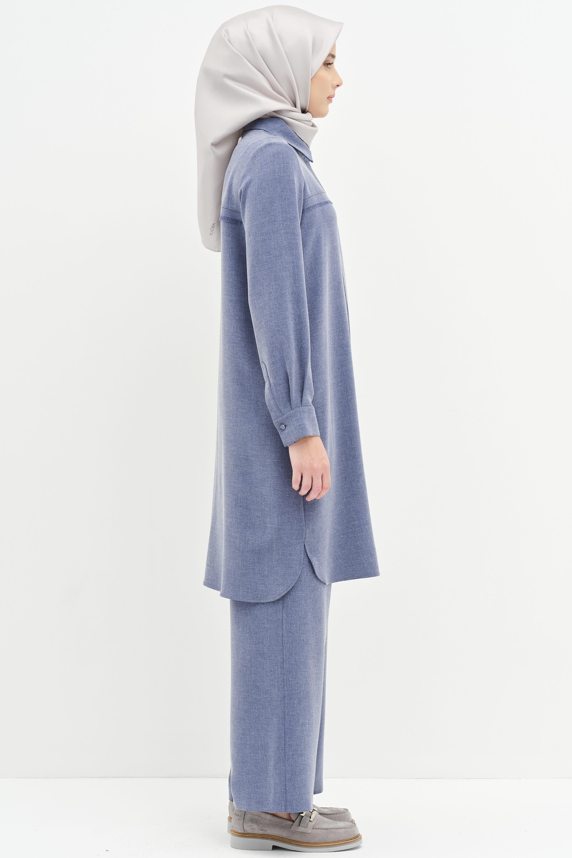 Püskül Detaylı Desen Baskılı Tunik - İndigo TUGBA