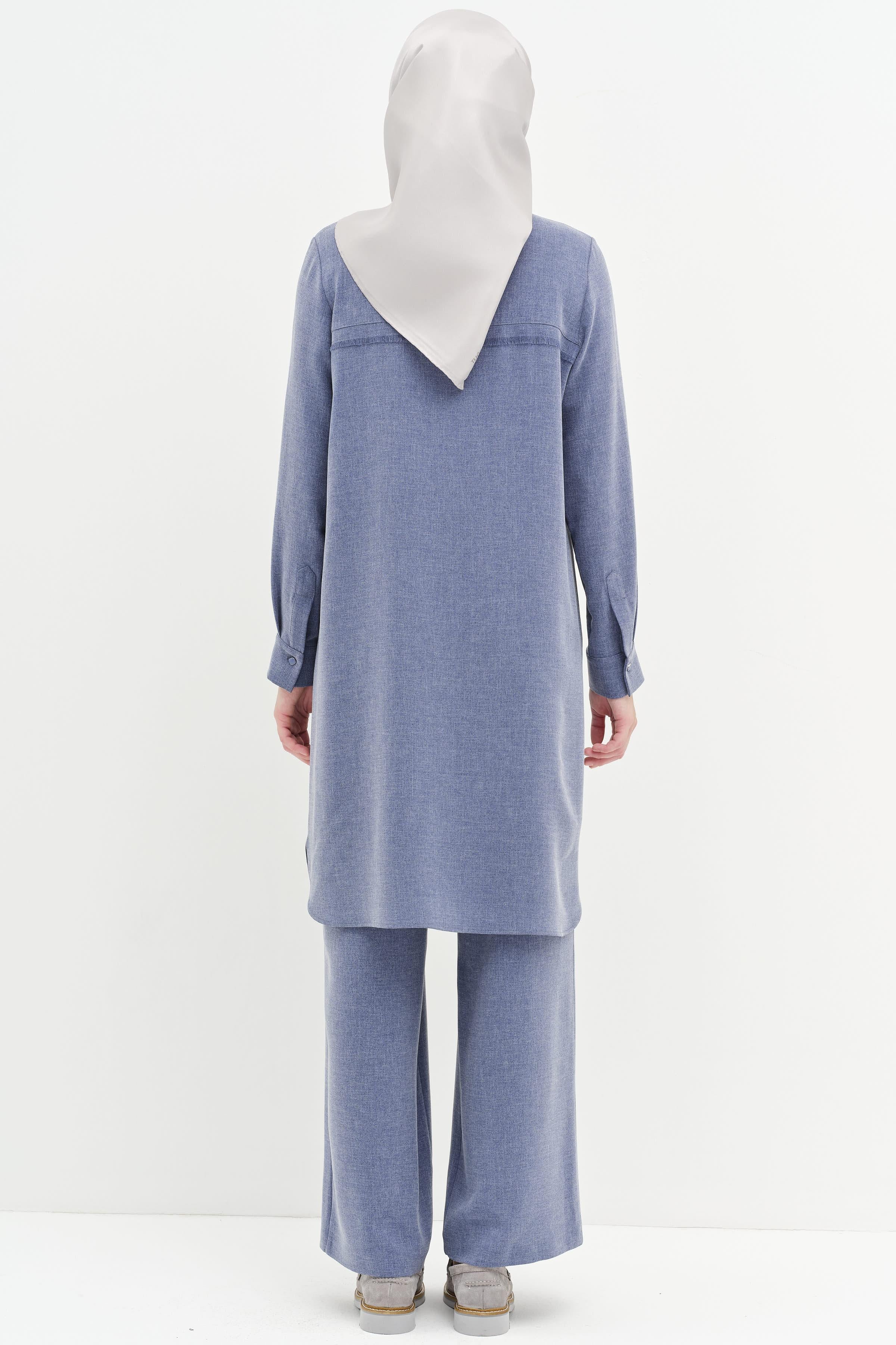 Püskül Detaylı Desen Baskılı Tunik - İndigo TUGBA