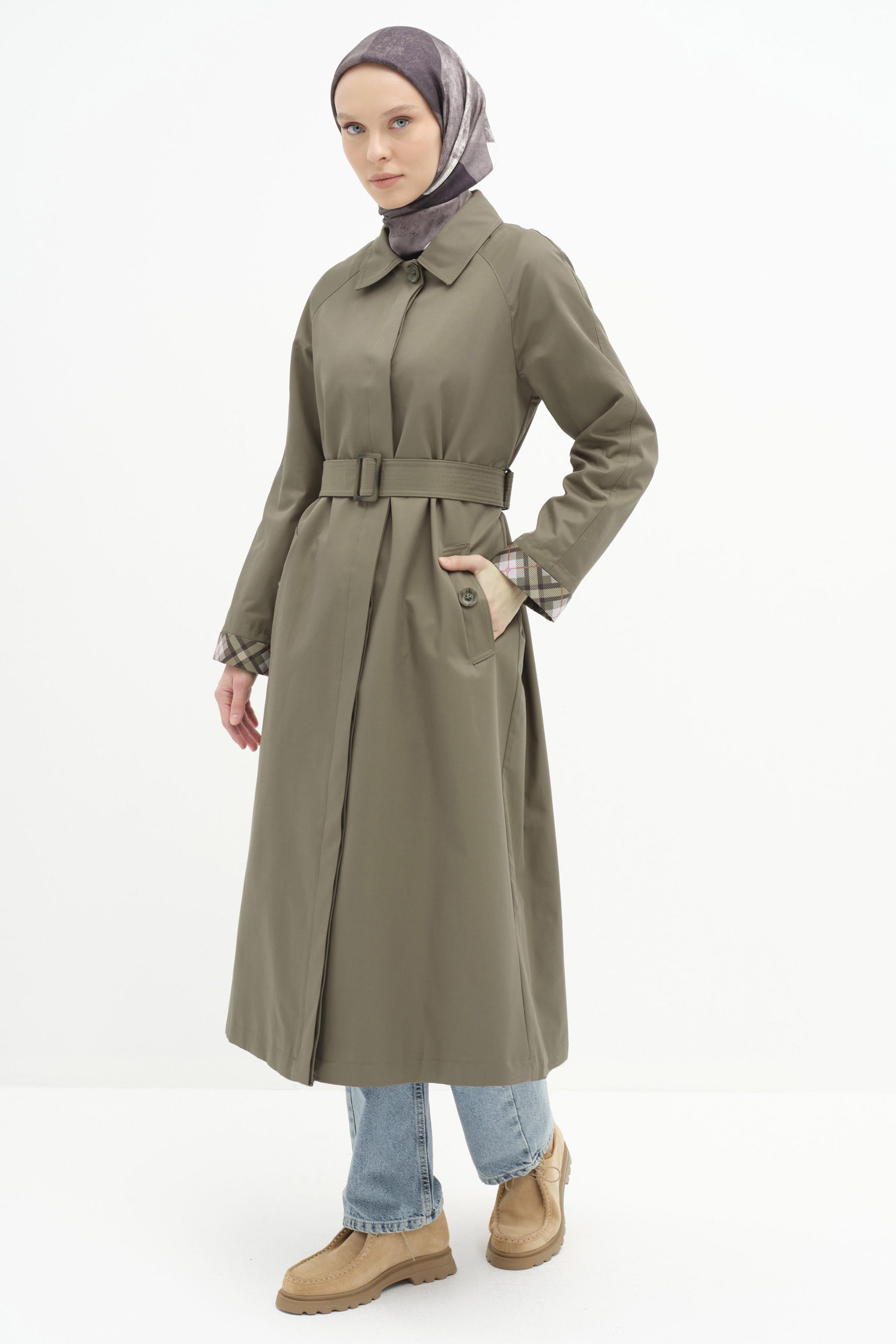 Reglan Duble Kollu Kemerli Trençkot - Haki TUGBA