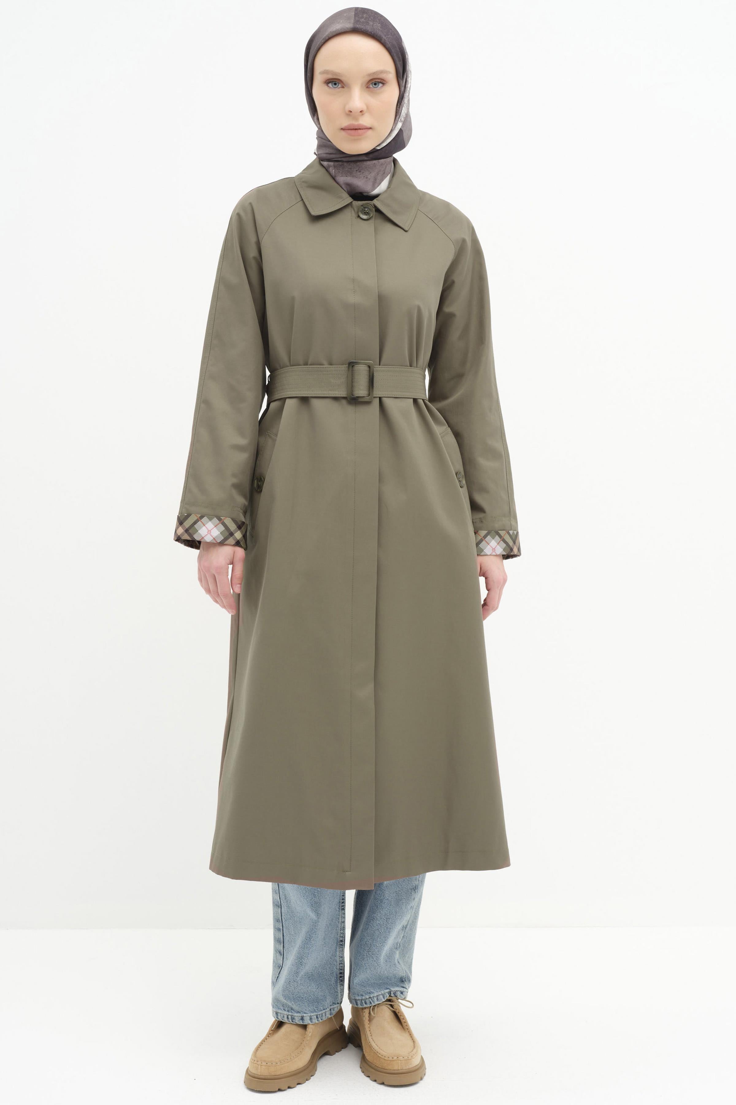 Reglan Duble Kollu Kemerli Trençkot - Haki TUGBA