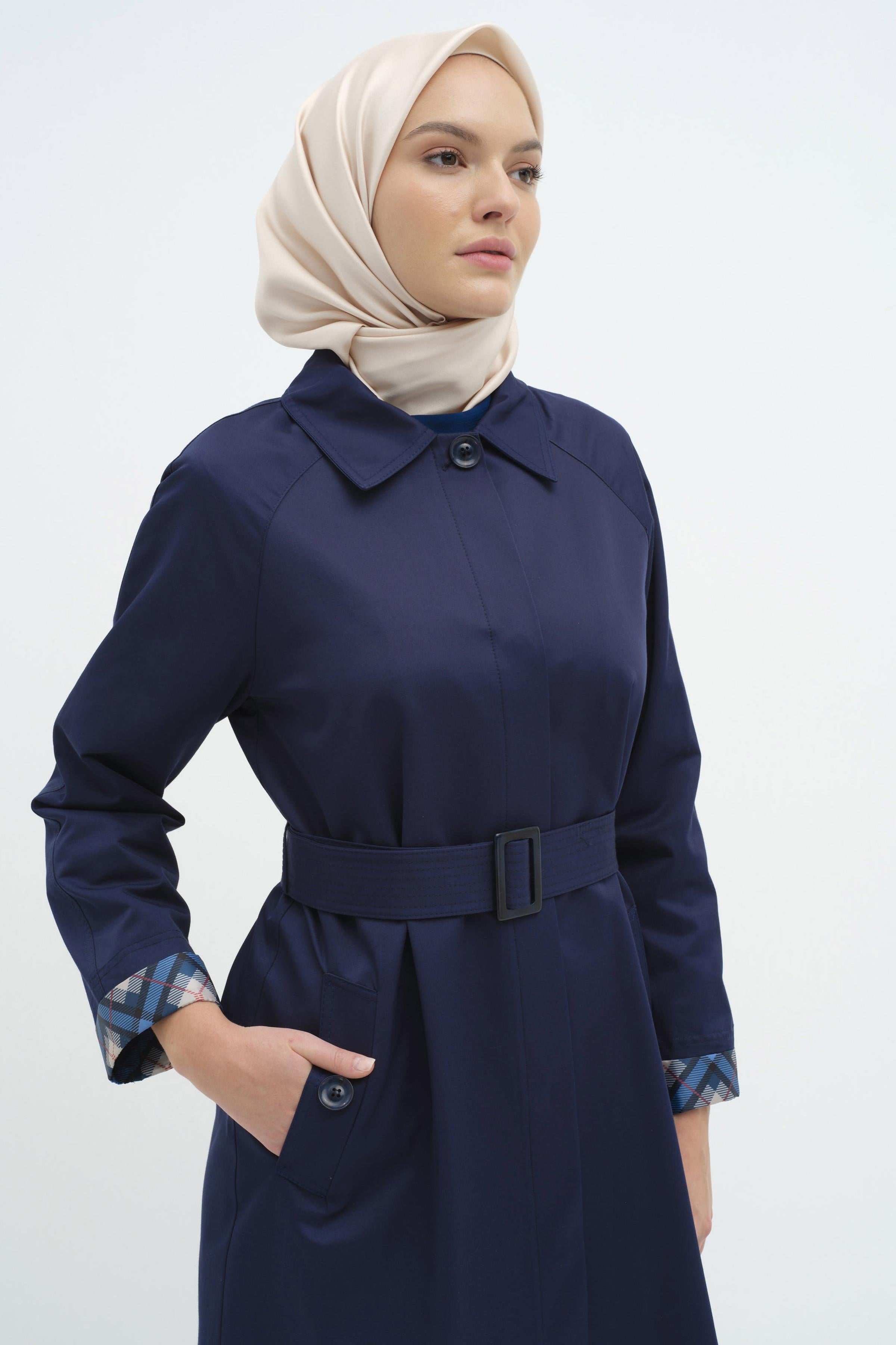 Reglan Duble Kollu Kemerli Trençkot - İndigo TUGBA
