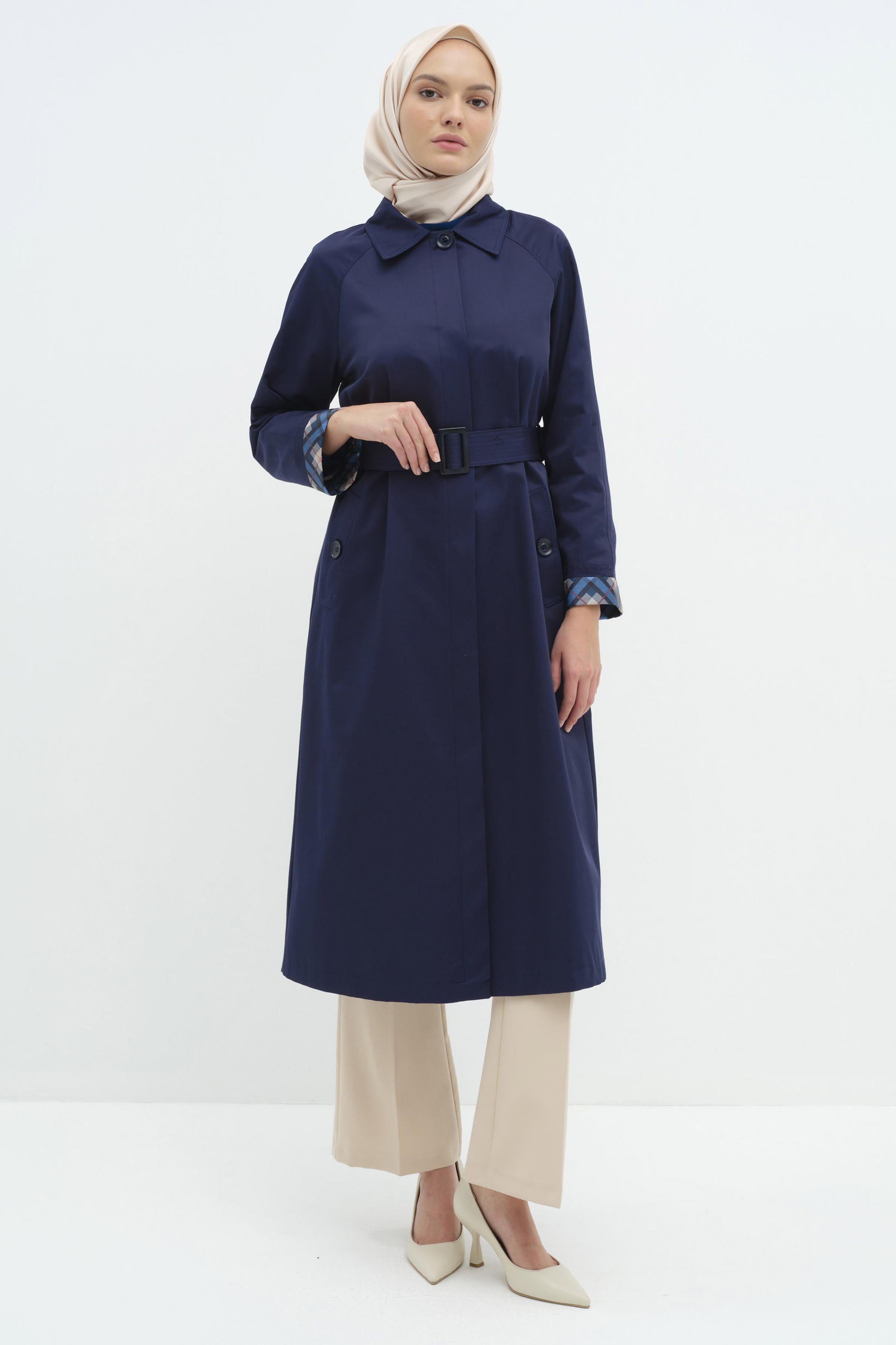 Reglan Duble Kollu Kemerli Trençkot - İndigo TUGBA